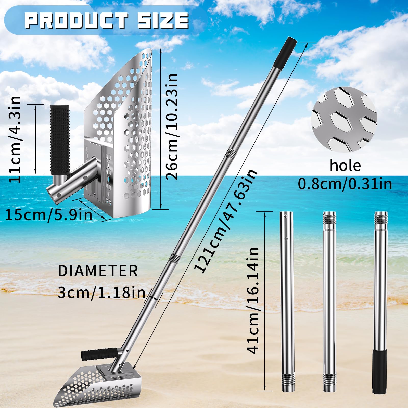 Pelle à sable à long manche, pelle de plage en acier inoxydable pour détection de métaux et chasse au trésor avec design antirouille