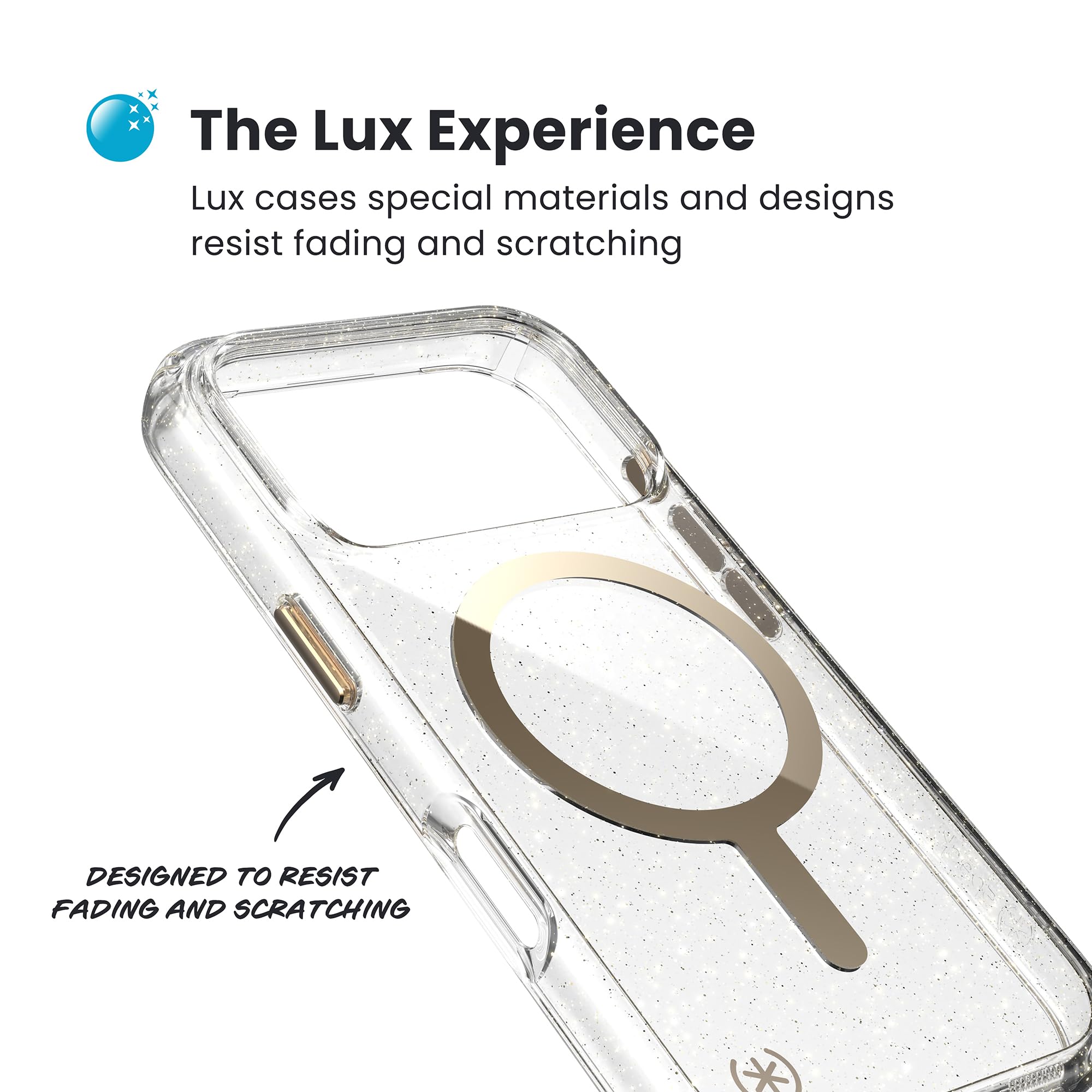 Speck Presidio LUX - Custodia protettiva sottile per iPhone 17 Pro, compatibile con MagSafe, glitterata/oro metallizzato