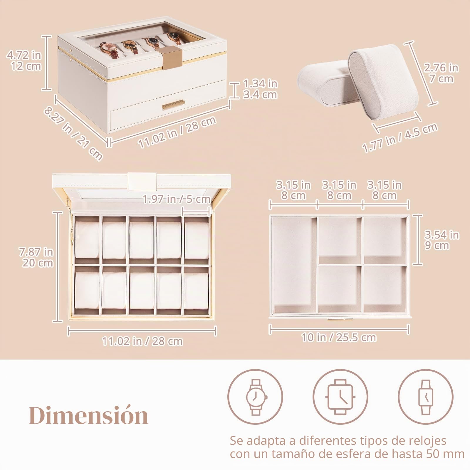 ProCase Caja para Relojes 10 Ranuras, Estuche de Relojes con Cajón Organizador de Reloj con Tapa de Cristal para Mujeres -Crema