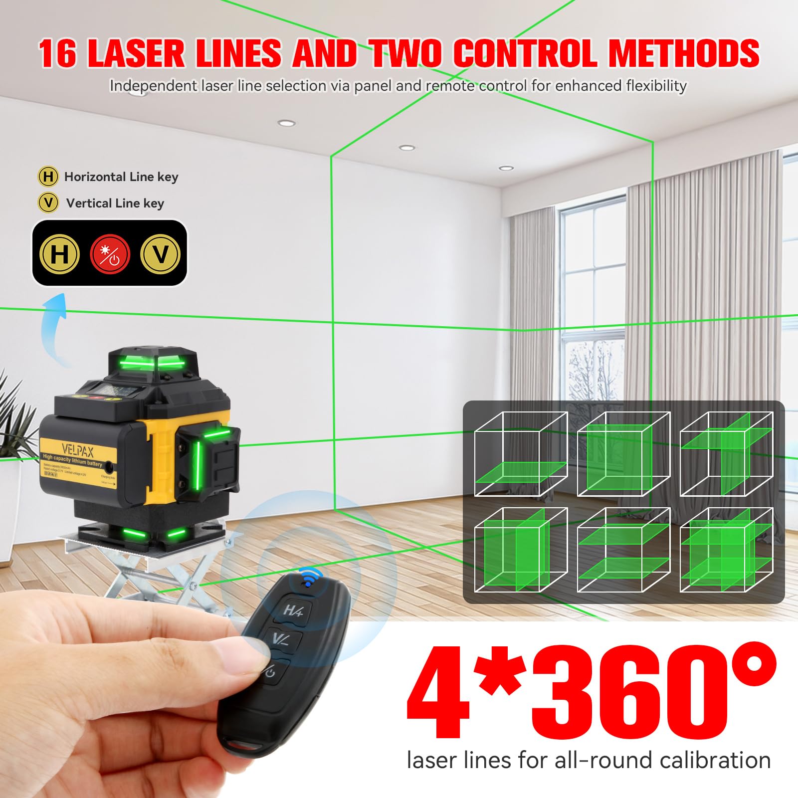 Laser a linee incrociate 16 linee, laser multifunzionale 4D con treppiede, 2 batterie da 2400 mAh, livella laser 4 x 360°, per interni e cantieri edili
