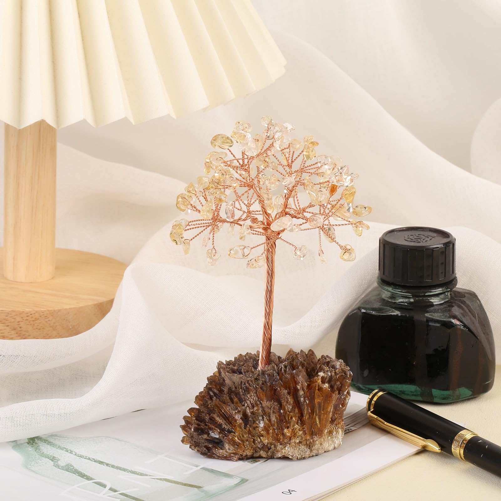 mookaitedecor Natural Citrine Crystal Money Tree on Amber Calcite Cluster Base Feng Shui Stone Tree Ornament for Abundance Reiki Home Room Decor Semi Precious Gemstone Bonsai Tree Raw Crystal Gift - Image 4