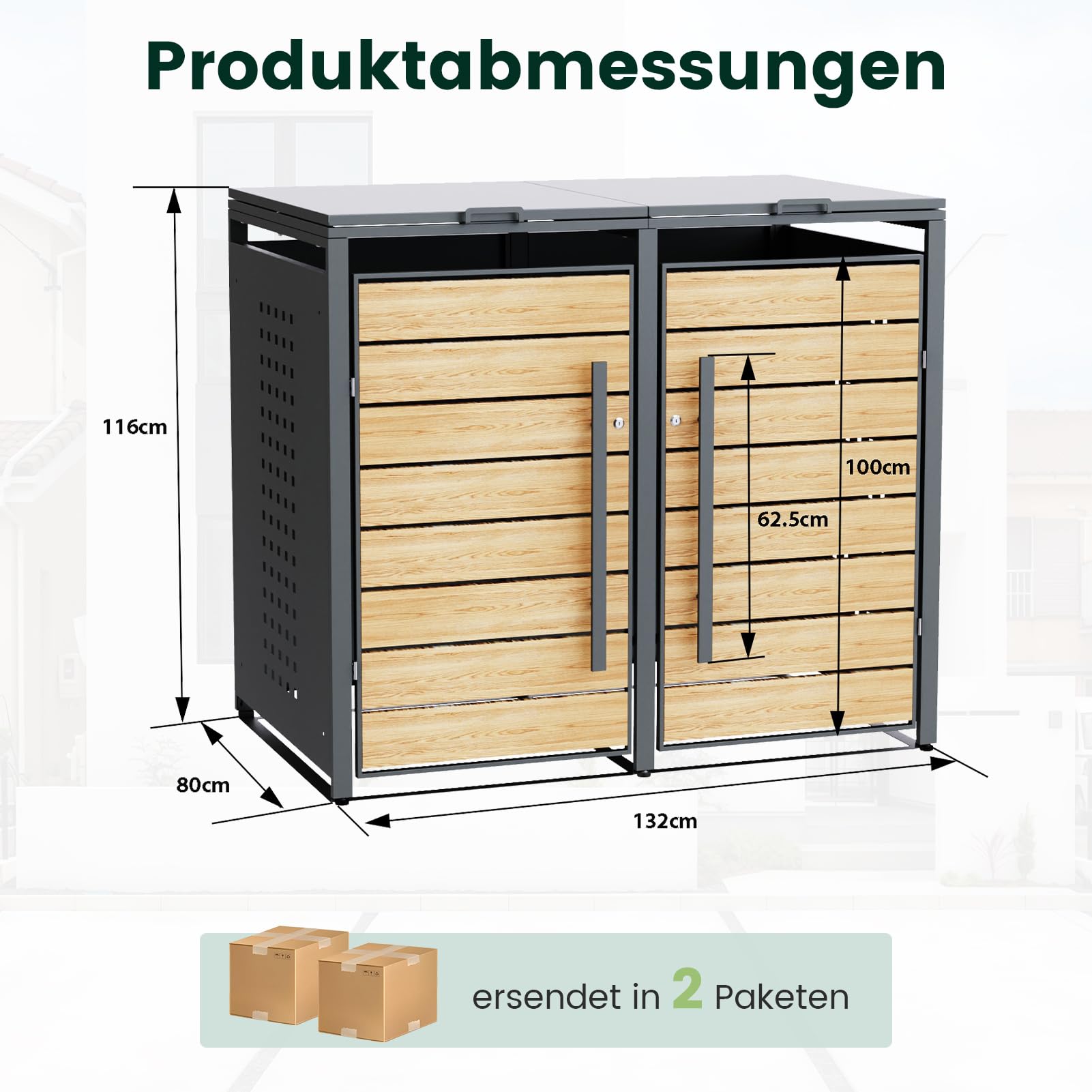 CHOSHOME Mülltonnenbox 2er 240L - Anthrazitgrau Verzinkter Stahl & Holzoptik - 2 Tonnen mit Abschließbar - inkl. Erweiterungsmöglichkeit - Mülltonnenverkleidung, Aufbewahrungsbox für Mülltonnen