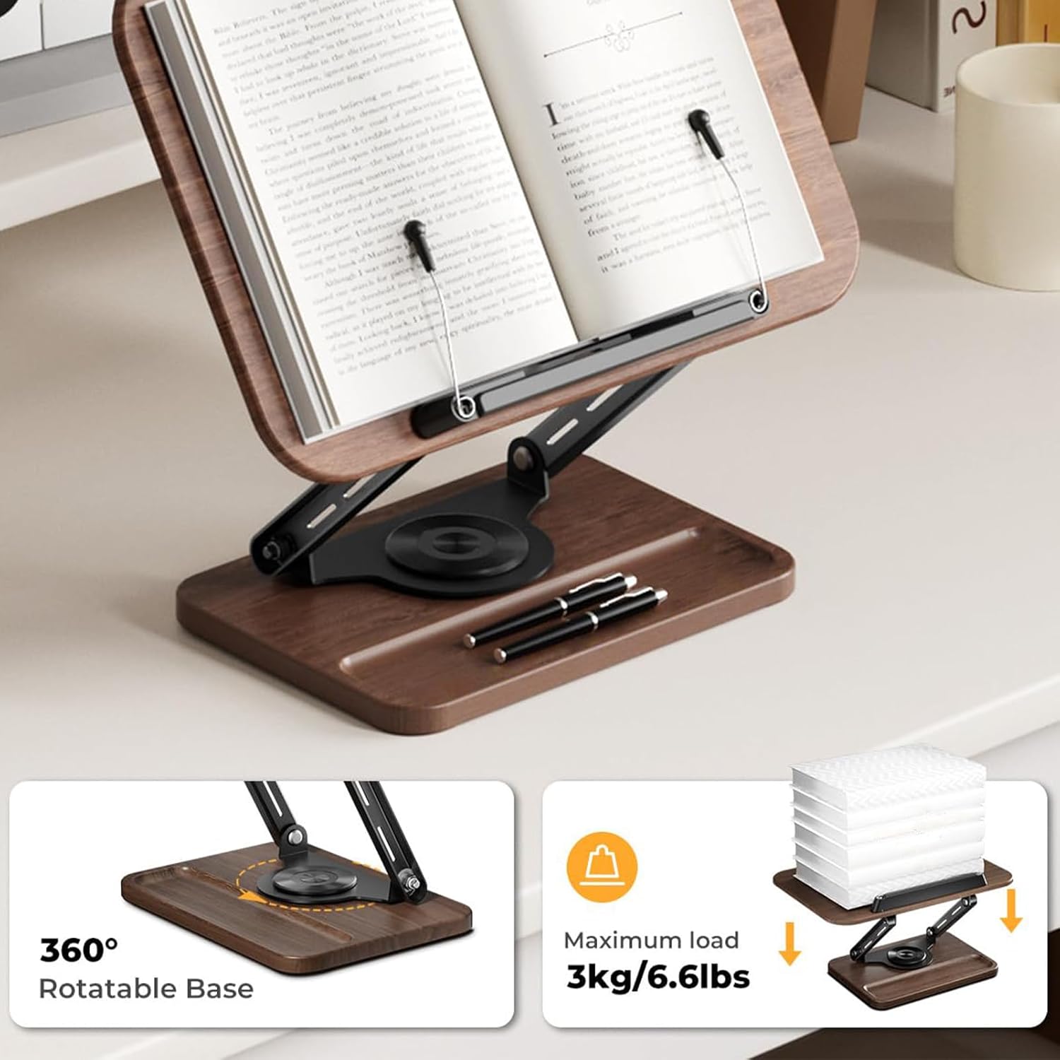 360度回転ブックスタンド 調節可能な人間工学に基づいたデザイン 重い本用の拡張可能なホルダー ブラックウォールナットの木製収納トレ