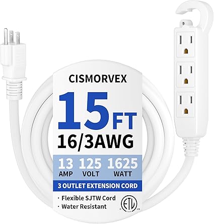 15 Ft 3 Outlet Outdoor Extension Cord Waterproof, Grounded Extension Cord with Multiple Outlets, 16/3 AWG 3 Prong Power Strip for Garden, Patio, Camping, 13A 125V 1625W, ETL Listed, White