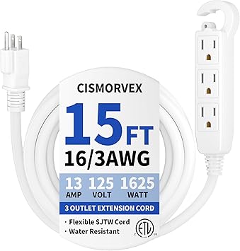 15 Ft 3 Outlet Outdoor Extension Cord Waterproof, Grounded Extension Cord with Multiple Outlets, 16/3 AWG 3 Prong Power Strip for Garden, Patio, Camping, 13A 125V 1625W, ETL Listed, White