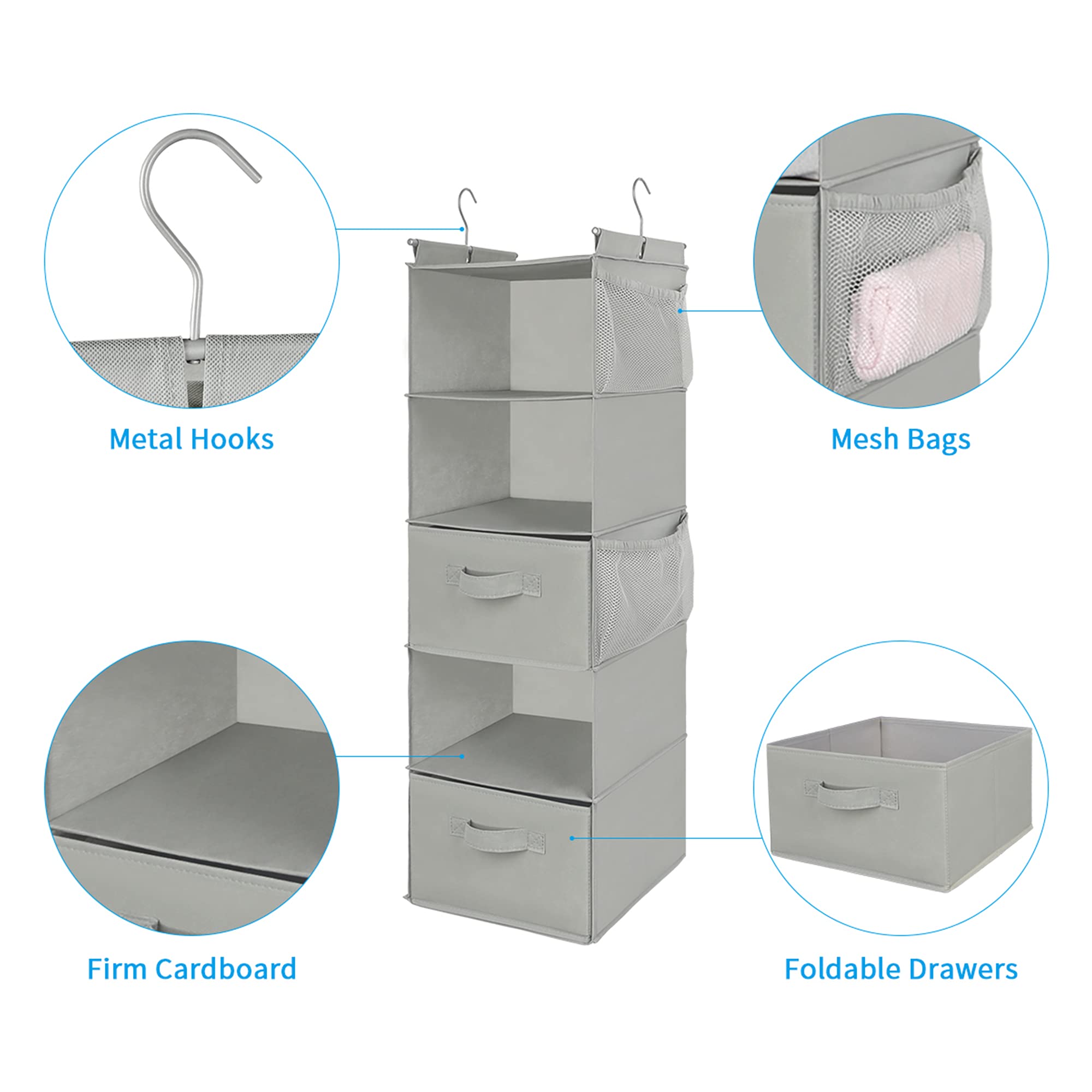 Organizador de armario colgante de 5 niveles, estante colgante de tela con 2 ganchos resistentes para almacenamiento, plegable (gris claro-D2)