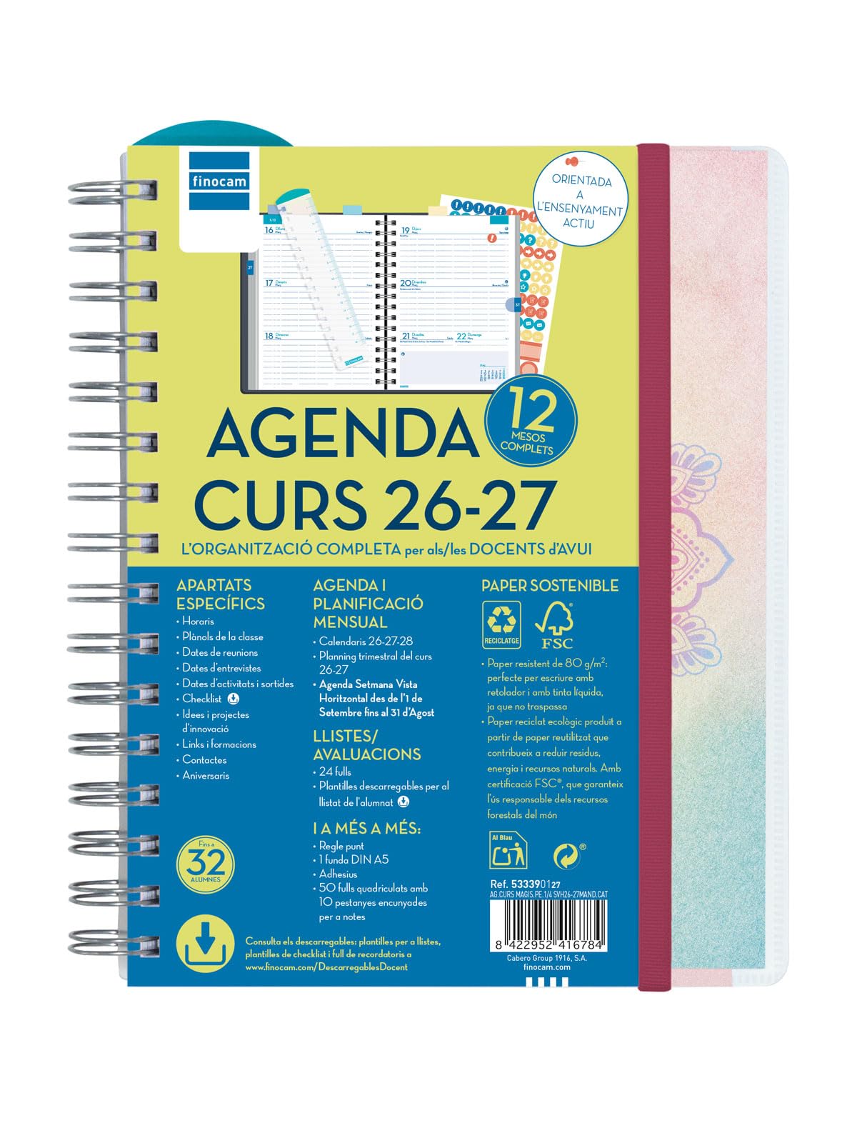 Finocam Docente Magistral Personalizable Agenda Curso 2026 2027 | Semana Vista Horizontal · Septiembre 2026 - Agosto 2027 (12 meses) | Mandala · Idioma: Catalán - Agenda académica - Agenda semanal