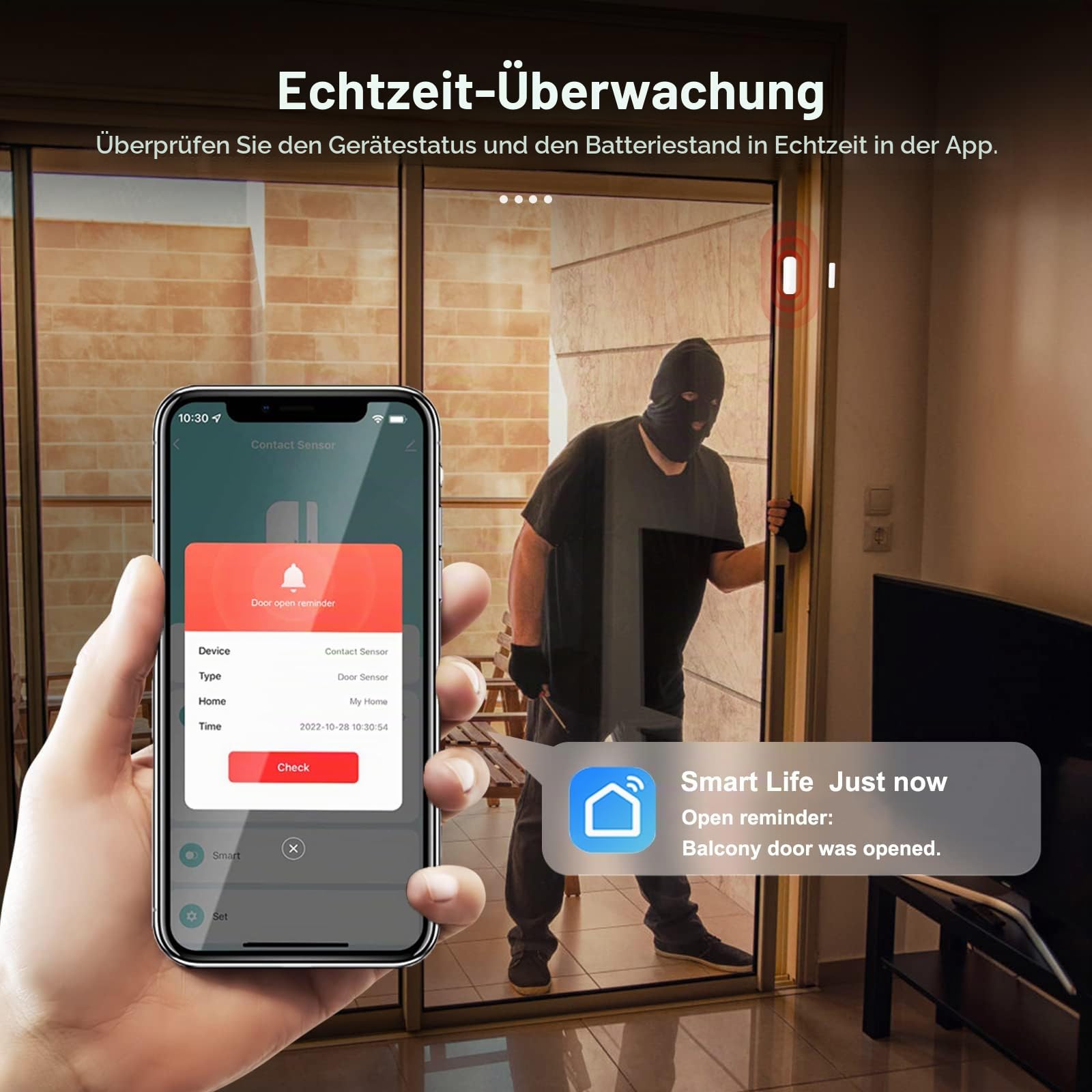 Smart WiFi Sensor für Türen und Fenster, Alarm für Türen und Fenster, Smart Tür- und Fensterkontaktsensor für die Heimsicherheit, kompatibel mit Alexa.4 Stück