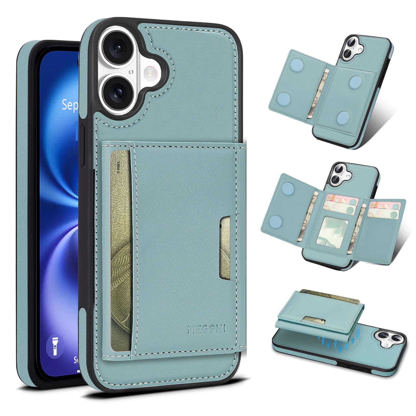 Godzoen for iPhone 16 Wallet Case, 2-in-1 Detachable Phone Case, Card Holder RFID Blocking, Fashionable Faux Leather Card Slot & Folding Design (Blue