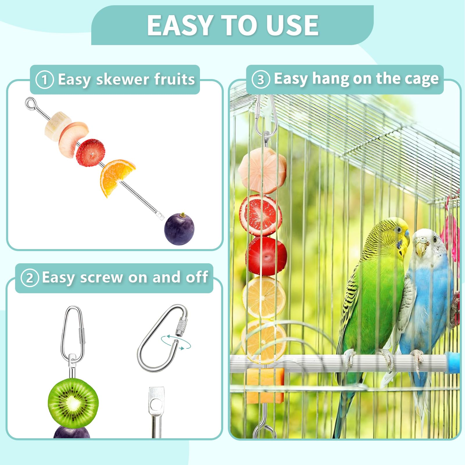 2 Pcs Bird Feeder Bowls with 3 Pcs Food Holder for Cage, Parrot Food Water Bowls and Fruit Skewer Foraging Toy, Stainless Steel Bird Feeding Dish Cups for Small Animals (Silvery, 5 Pcs) - image 6