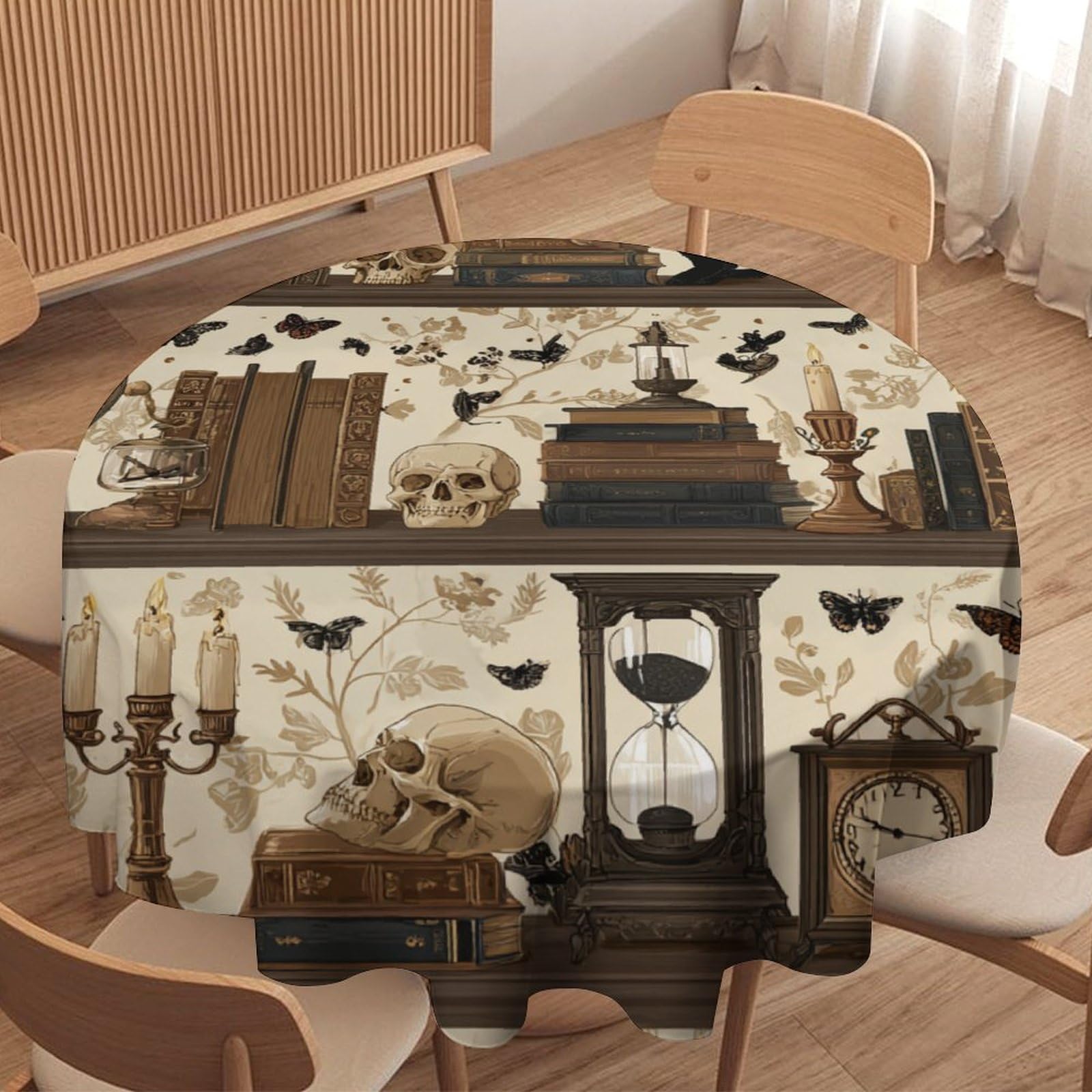 Luyysky Beautiful Abstract Vintage Bookshelf Waterproof Round Tablecloth Retro Aesthetic Plant Animal Butterflies Black Cats Skull Skeleton Washable Table Cover For Kitchen-91.4" Wx91.4 L Cm