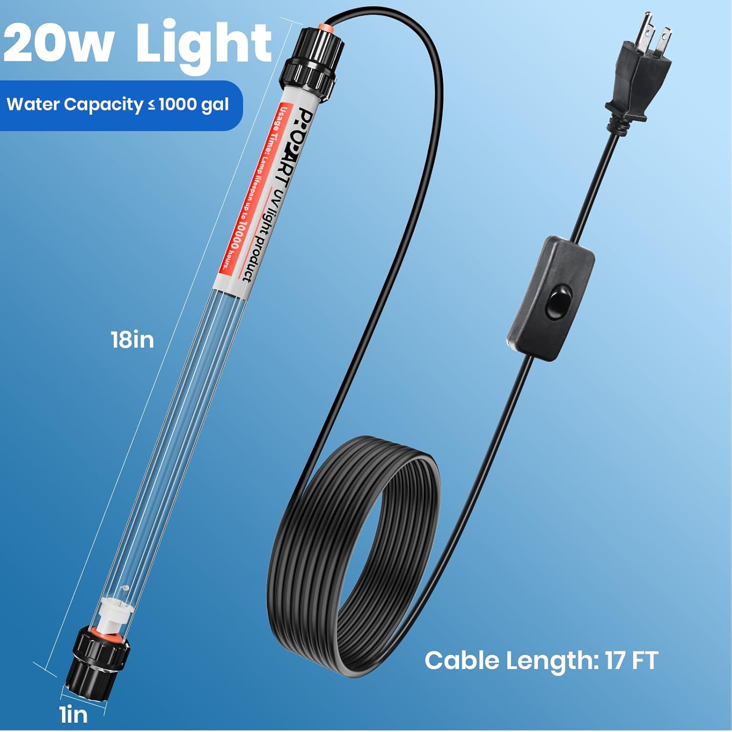 20W Aquarium UV Light for 100-1000 Gallon, Pond UV Light & UV Clarifier for Koi Pond,UV Light for Fish Tank, Cold Plunge, Pool and Spa