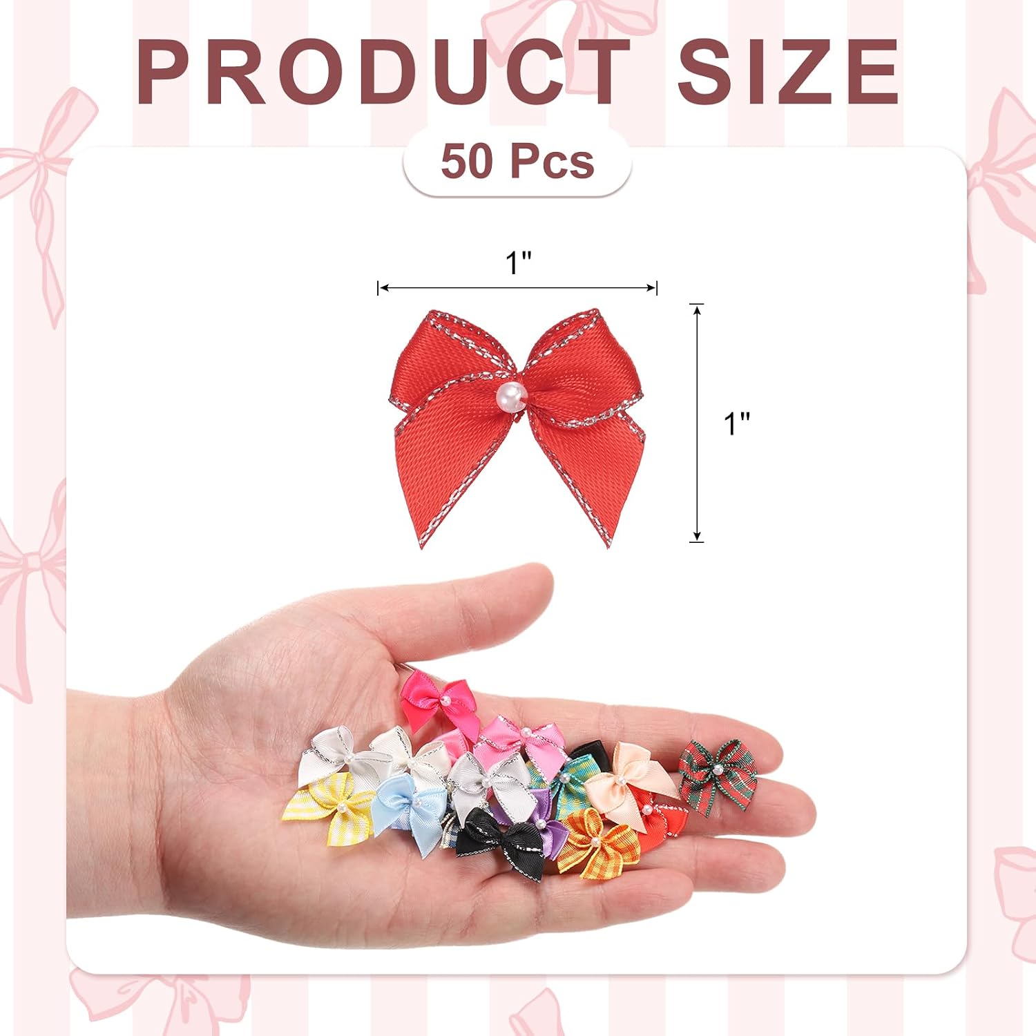 MECCANIXITY 50 Pcs Mini Red Silver Tone Ribbon Bows with Pearl 1" Ribbon Flowers Appliques for Crafts DIY Hair Bows Sewing Wedding Party Christmas Decoration