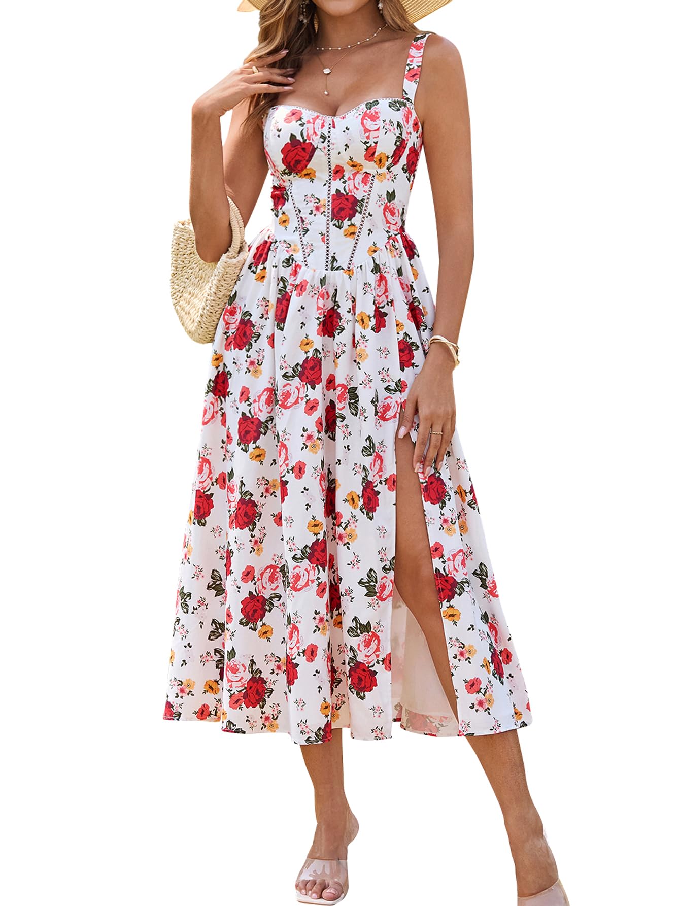 KUTUMAI Summer Floral Corset Midi Wedding Guest Dresses for Women | Slit Flowy Sundress with Pockets, Idea for Garden Tea Party Engagement Bridal Shower Fancy Cottagecore Milkmaid