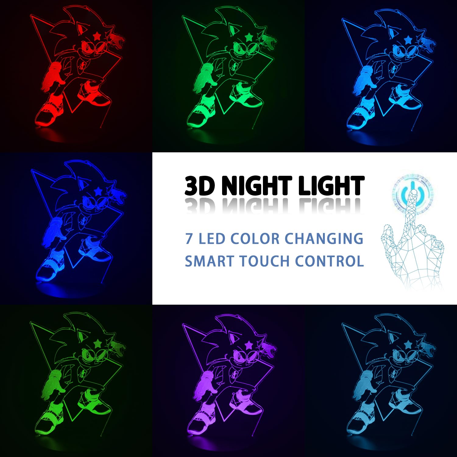 AIRUEEK Sonic Hedgehog Toy, 3D Night Light, 16 Colour Variations, LED Illusion Lamp, Bedroom Decor Lighting/Sonic Toys - Image 4