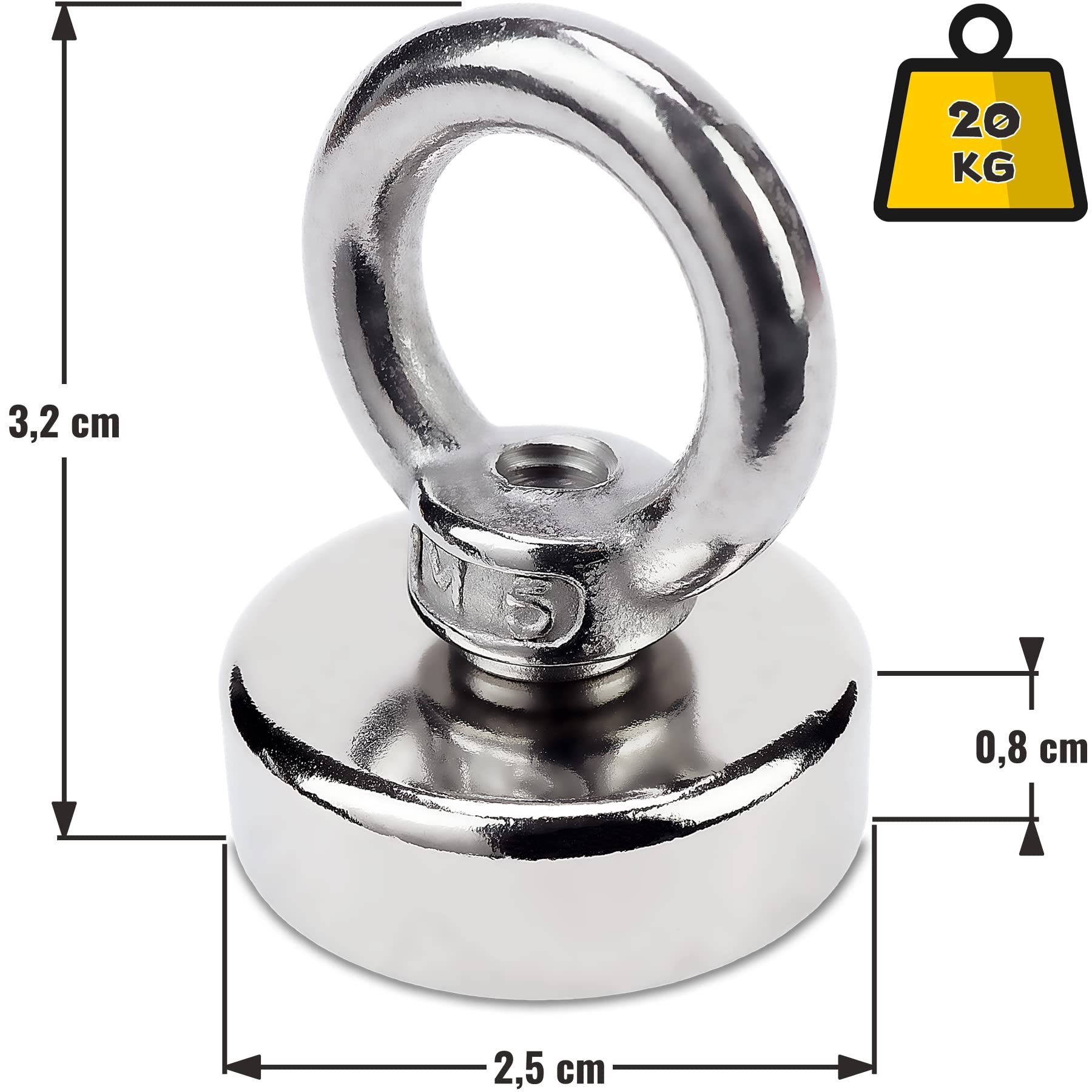 SENSEI 3 magneti estremamente forti – 20 kg di portata, magneti al neodimio con occhiello in acciaio – Ø 25 mm, gancio magnetico con manico per viti e tenuta sicura