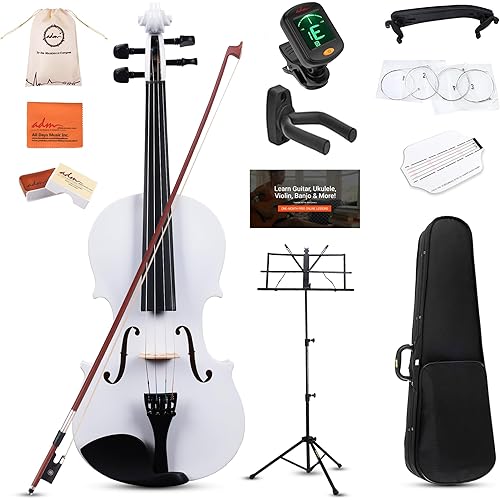 ADM Acoustic Violin for Kids Beginners, 4/4 Full Size Acoustic Violin Fiddle for Teens Students Violin Starter Kit with Hard Case, Rosin, Shoulder Rest, Bow, Violin Music Stand and Strings,White