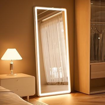 56"x20" Dimmable 3-Color LED Full Length Floor Body Mirror | Stepless Brightness Adjustment, Memory Function, Rounded Corners, Standing Wall Mounted for Bedroom, Living Dressing Room