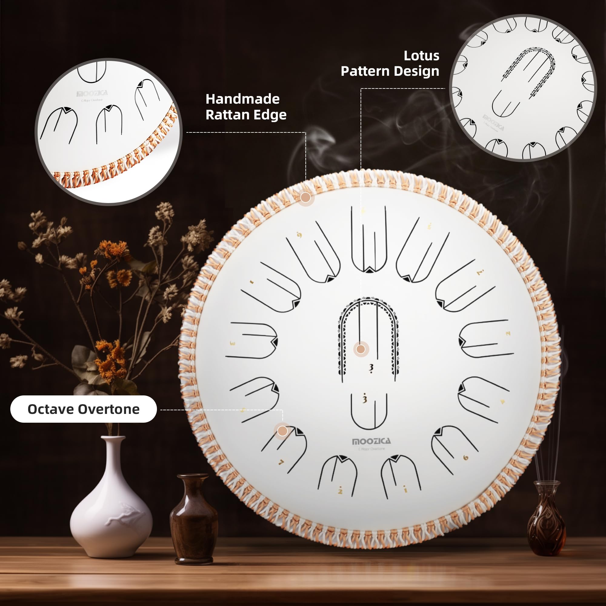 MOOZICA Steel Handpan Tongue Drum da 15 Pollici - Handpan con 15 Note in Do Maggiore con Design Ottava Overtone - Strumento Handpan a Professionale con Borsa per il Trasporto (Do maggiore, Bianca)