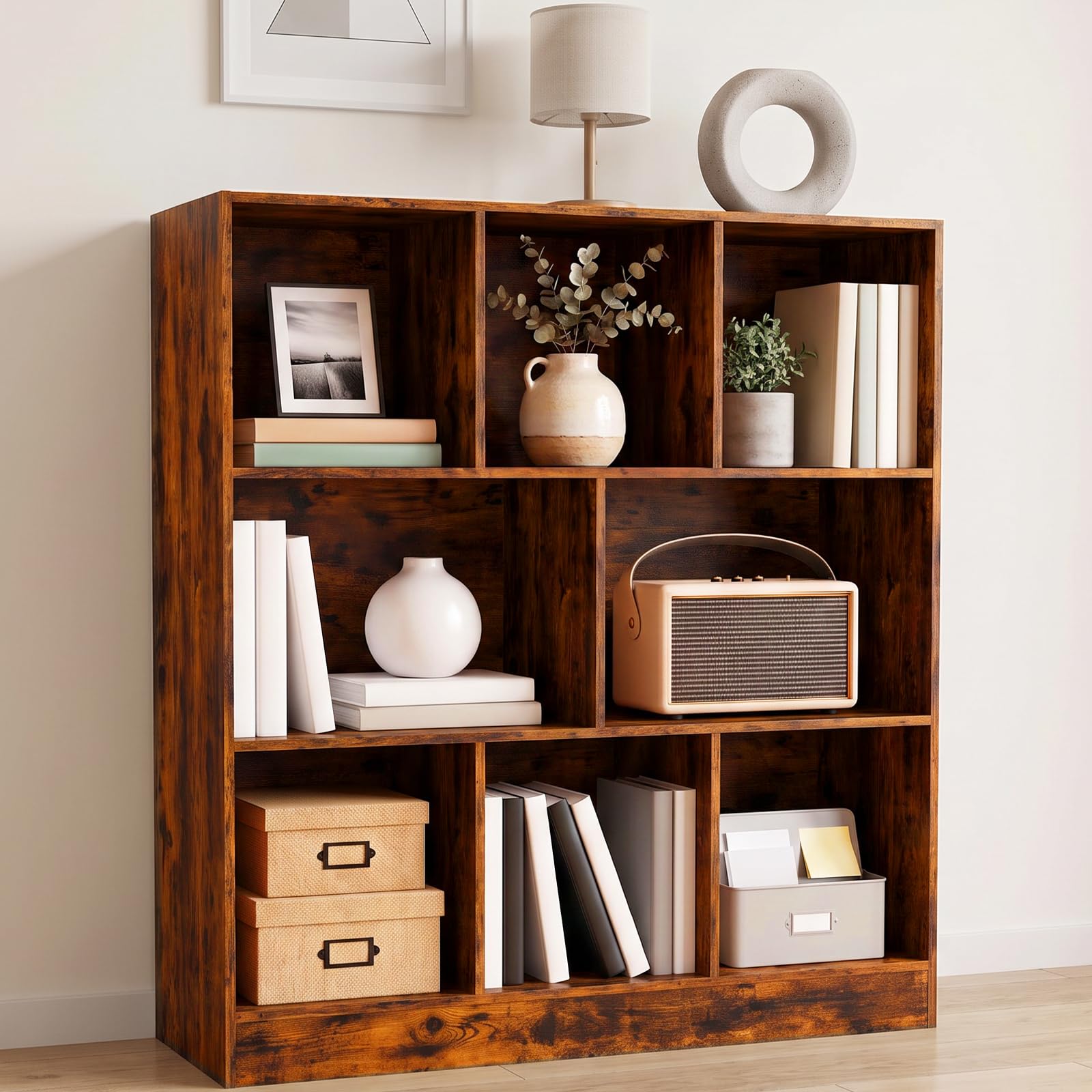 8 Cube Storage Unit, Wooden Book Shelf Bookcase with Base Design, Brown