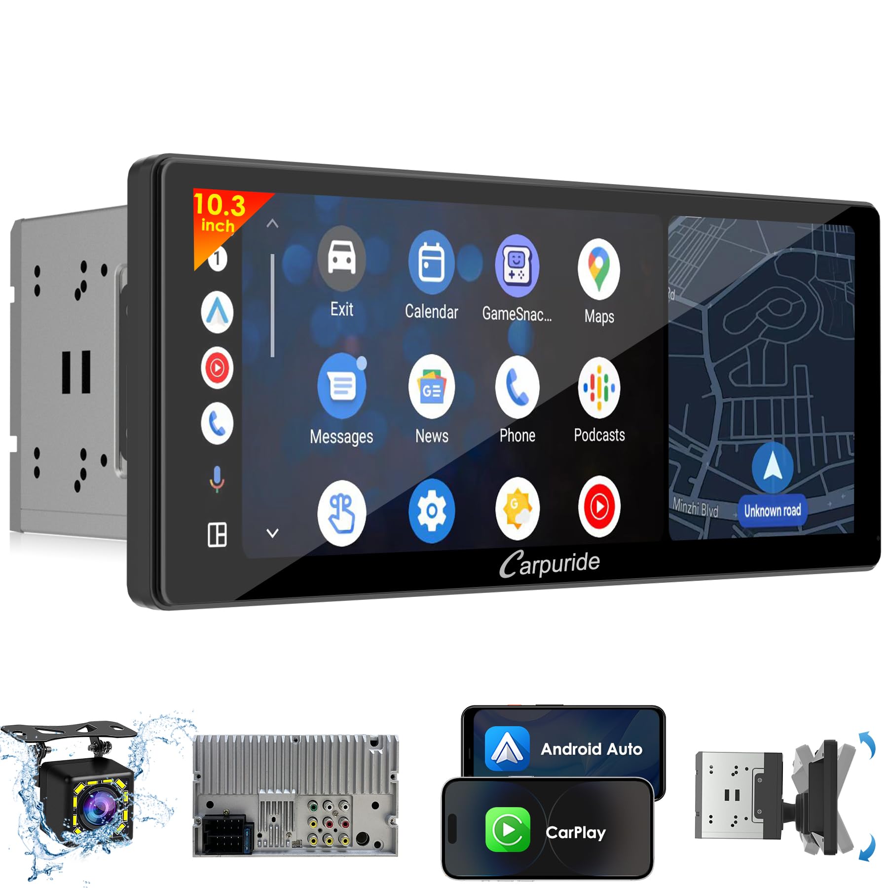 Photo 1 of Carpuride Double Din Car Stereo with Wireless CarPlay Android Auto Car Radio 10.3" Detachable Floating Touchscreen Car Audio Receivers with Bluetooth EQ Subwoofer Backup Camera, Mirror Link,SWC, AM/FM