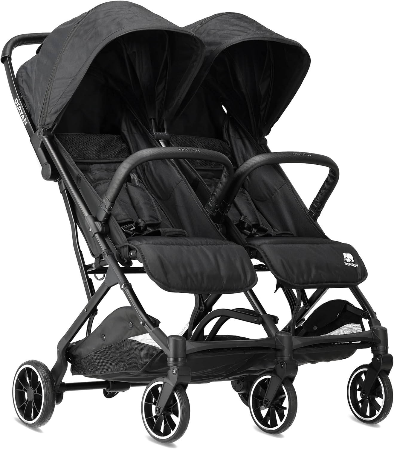 Deryan Rolo X2 double stroller with canopies up