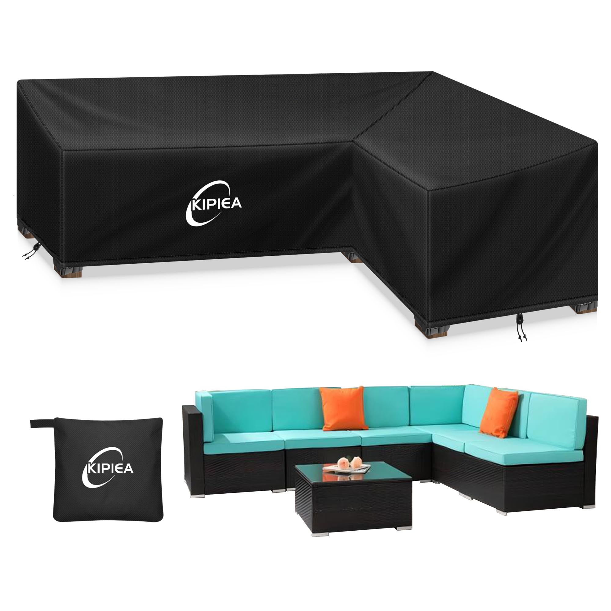 Kipiea Abdeckung Loungemöbel L-Form Wasserdicht, Abdeckung Gartenmöbel Winterfest, 420D Lounge Abdeckungen Winddicht, L-Form Abdeckplane Gartenmöbel Reißfest, Anti-UV (Rechte Seite, 288x224x85x78cm)