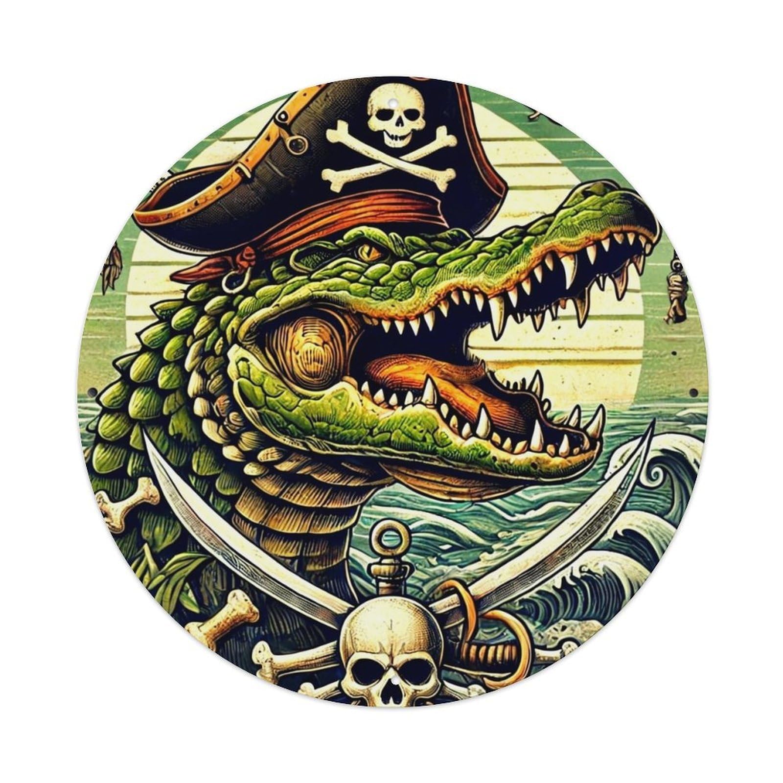 Pirate Crocodile Skull Crossed Swords Vintage Metal Tin Sign Retro Wall Decor for Home Bar Garage Cafe, Indoor & Outdoor Decorative，circle Metal Poster, 8x8 Inch