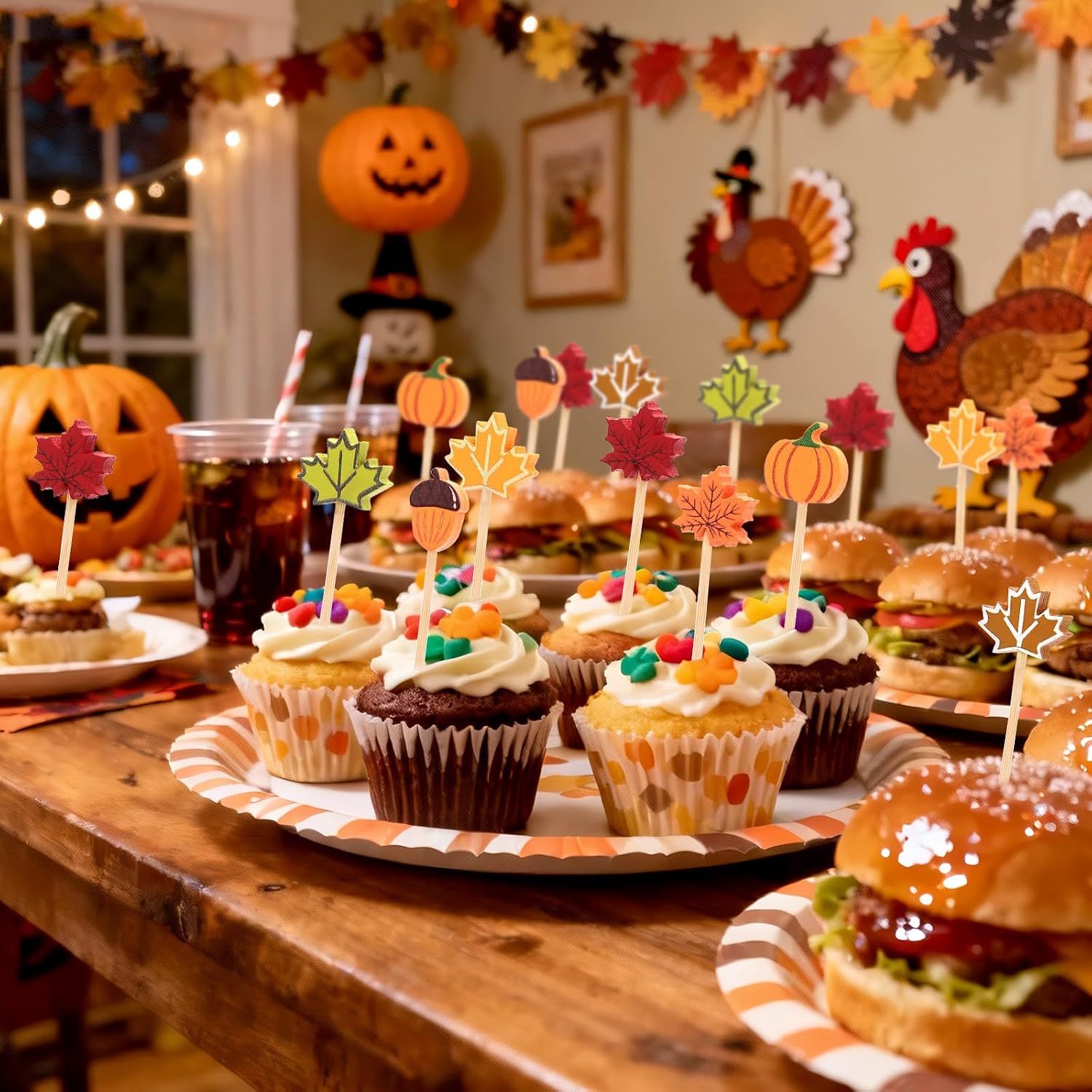 100 Pcs Thanksgiving Toothpicks, 4.72 Inch Fall Cocktail Picks for Appetizers, Maple Leaf Pumpkin Acorn Bamboo Toothpick Skewers for Thanksgiving Day Fall Themed Party Supplies