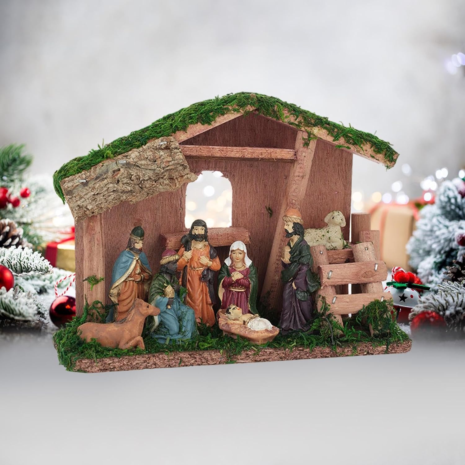 Christmas Nativity Scene Figurines with Stable Holy Family Statue Table Centerpiece Nativity Scene Set for Cabinet Holiday, Style A