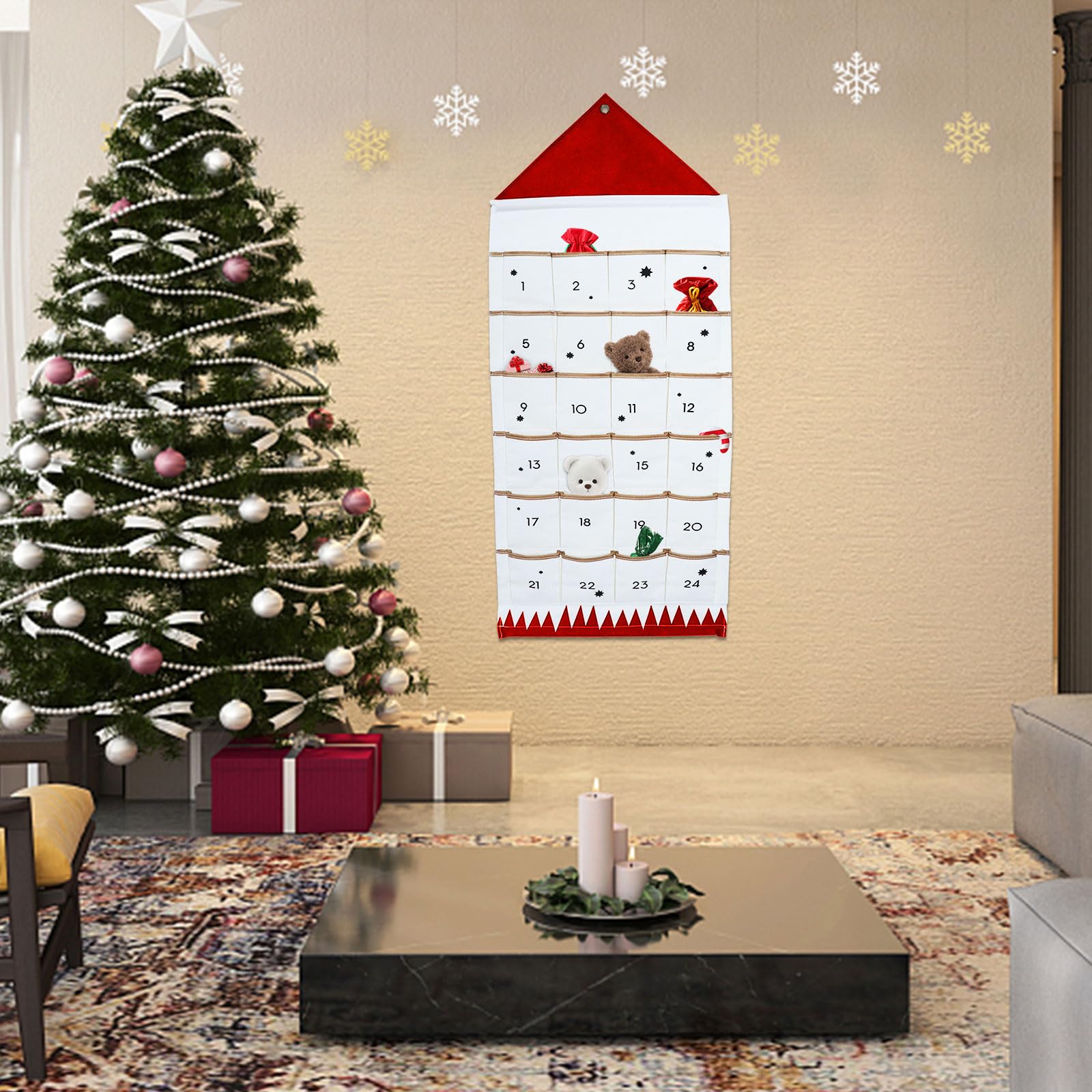 Calendario dell'Avvento Tessuto, Calendario Avvento Tessuto Calendario Avvento in Tessuto, con 24 Tasche, Regalo di Natale, Ideale per Decorare Pareti, Porte o Stanze nel Periodo Natalizio