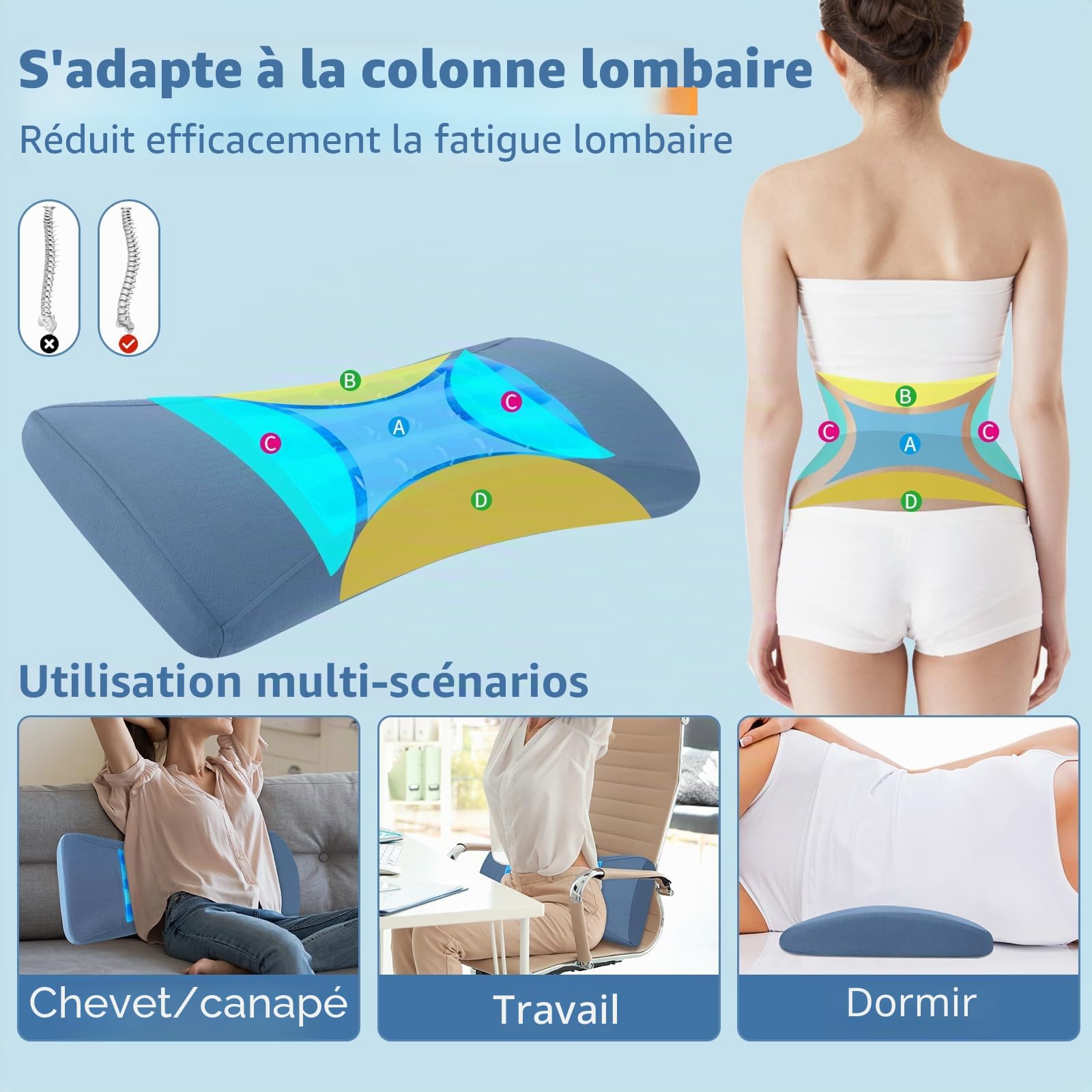 Hydomi Oreiller de soutien lombaire pour lit, oreiller en mousse à mémoire de forme en gel rafraîchissant pour les douleurs dans le bas du dos, coussin de soutien lombaire ergonomique pour le sommeil,