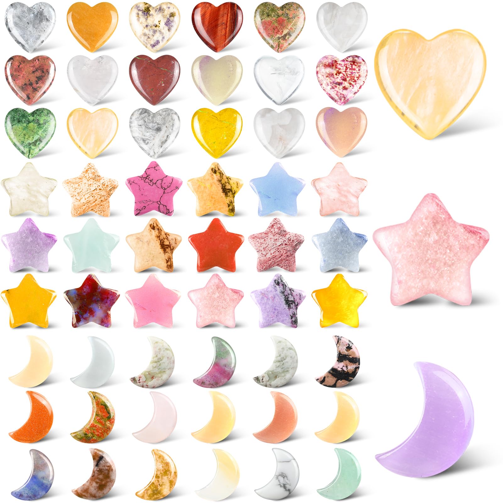 Nuenen 54 Pcs Worry Stones Bulk Heart Moon Star Natural Crystal Stone Tiny Healing Crystals Gemstones Assorted Thumb Quartz Crystal Rock for Mother's Gift Meditation Balancing(Cute Color)