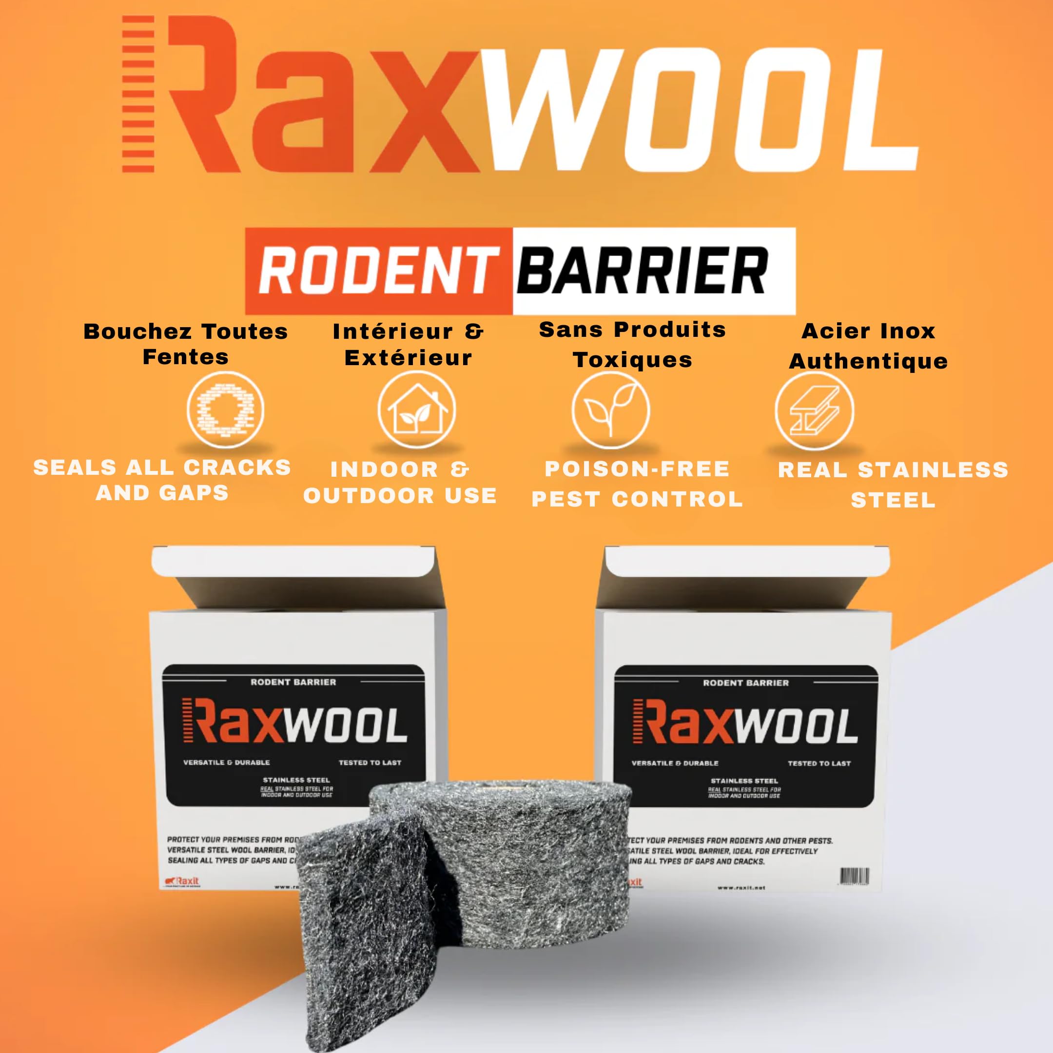 RAXWOOL - Lana de acero antiroedores 3 m x 10 cm - Barrera física inoxidable, flexible y duradera