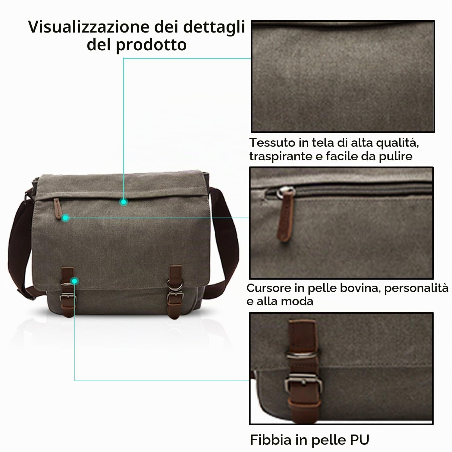 FANDARE Borsa a Tracolla Borse a spalla per 14 Pollici PC Ventiquattrore Borse Messenger di tela Uomo Donna Borsa postino Borsetta per viaggio lavoro scuola business università Pendolare Grigio L