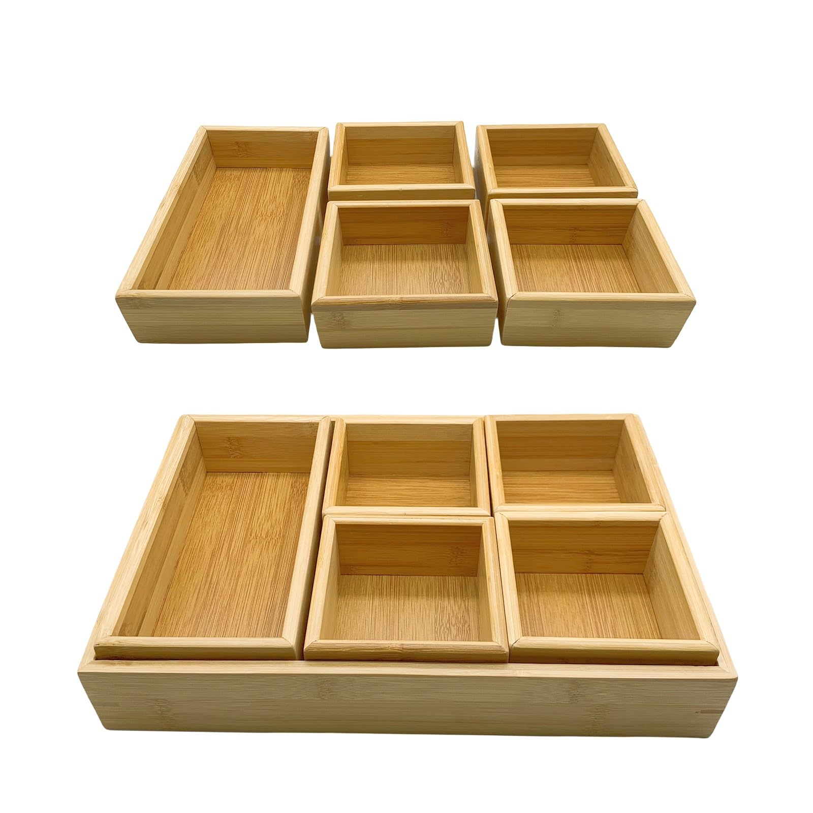 LONG TAO Bamboo Drawer Organizer Boxes Set 6 Pcs Multi-Use Individual Wood Storage Organizer Box Drawer Divider Storage Container Storage Trays for Jewelry Dresser Office Desktop