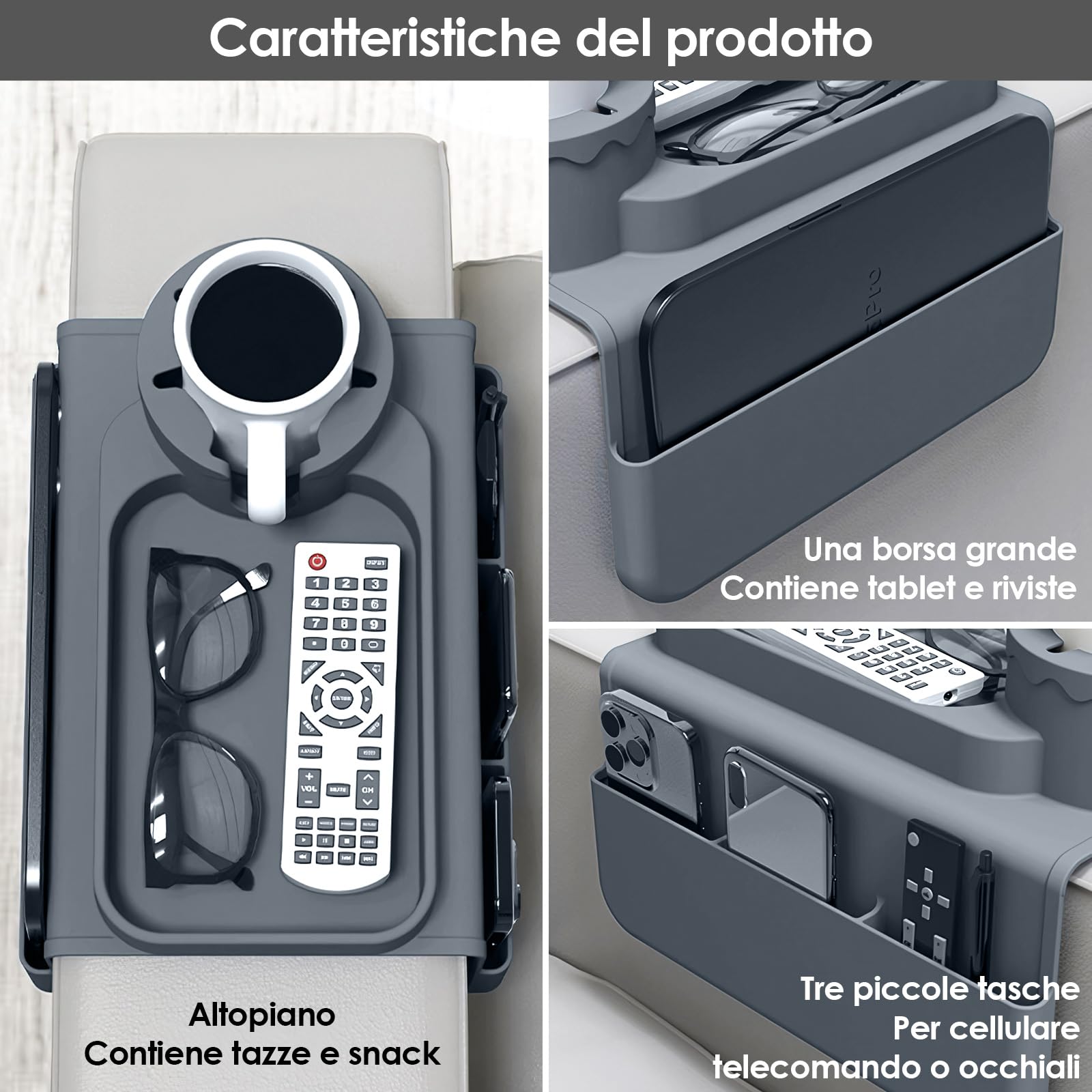 Dreamhigh® Vassoio da Divano - Flessibile per Bracciolo, Porta Telecomando da Divano da 48x29,5 cm, Vassoio per Divano con Uso Sostenibile del Silicone Grande, Bracciolo Divano con portabicchieri