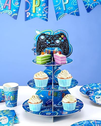 Vista 35 de Soporte para cupcakes de videojuegos – Suministros de fiesta de videojuegos para niños, jugadores, cumpleaños, 3 niveles, soporte para cupcakes