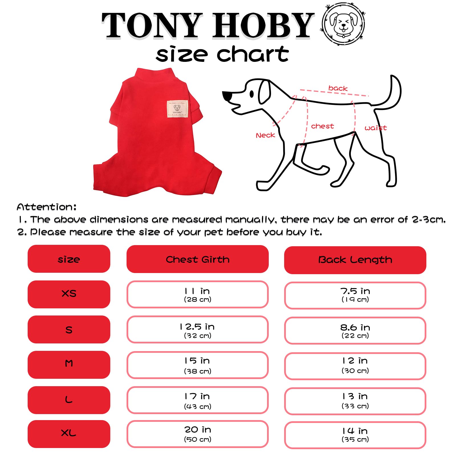 TONY HOBY Dog Pajamas, 4 Legged Dog Pajamas with Thermal, Cotton Pet Clothes for Small Medium Dogs (Red, S)