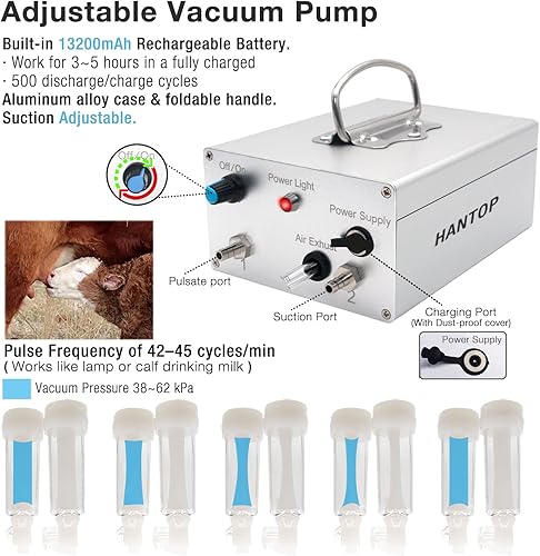 Miniatura 2 de Máquina de ordeño de cabra de 6 L, bomba de vacío pulsante ajustable de velocidad recargable, cubo de leche de acero inoxidable 304 con válvula de