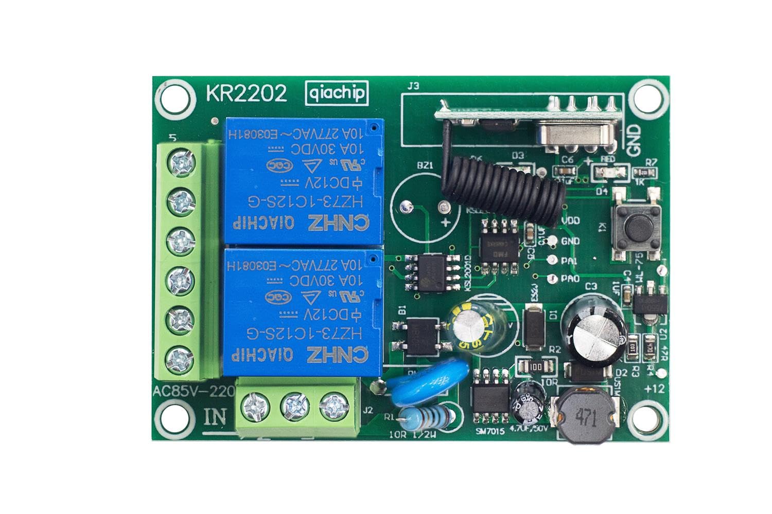 QIACHIP Commutateur de télécommande sans fil récepteur Contacts sec relais avec 4 émetteurs 433Mhz rf 2 canaux AC 220V 230V pour moteur, lumière, porte de portail, contrôleur de bricolage