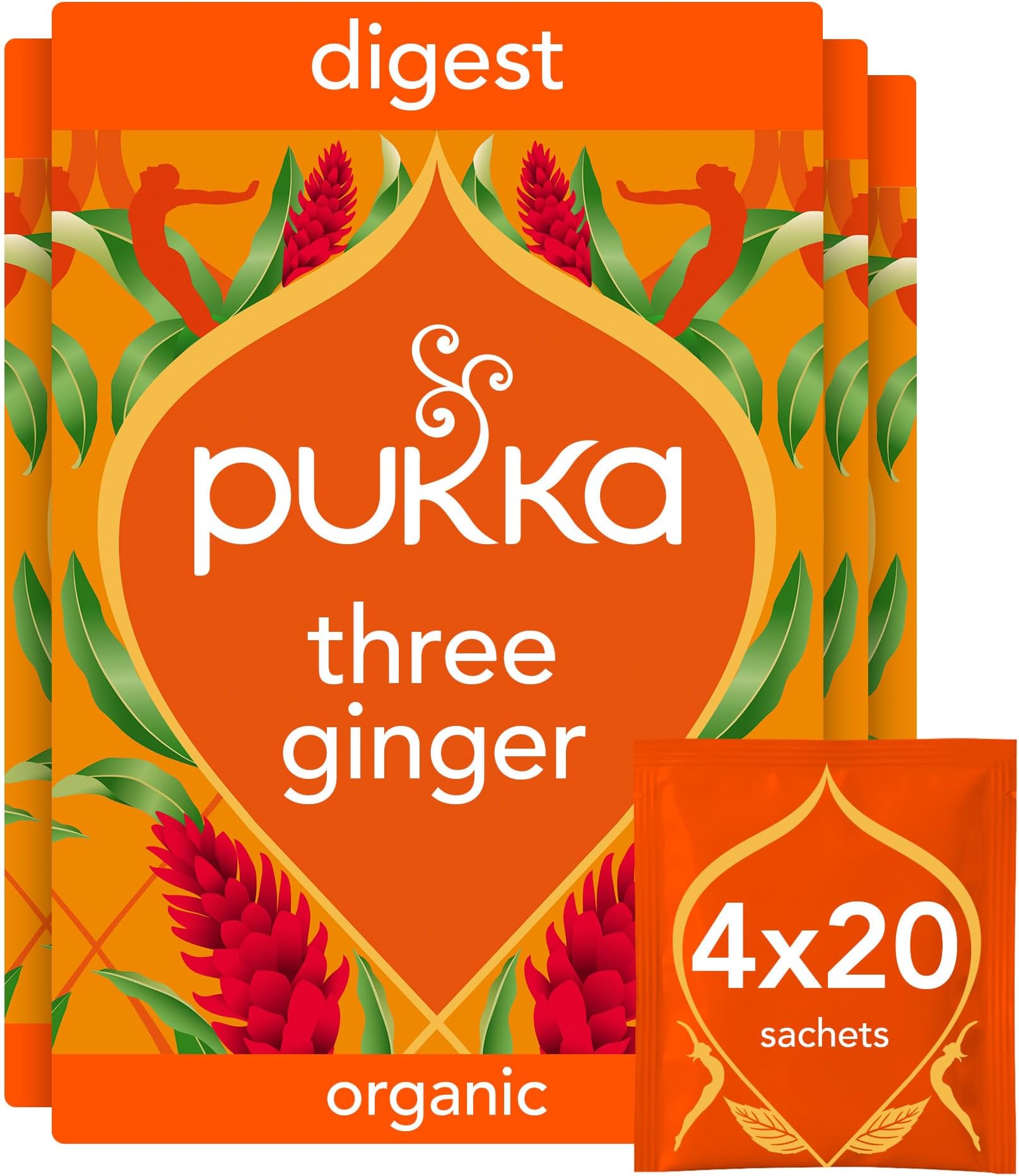 Three Ginger Organic Herbal Tea Box | Digestion-Aiding Infusion With Ginger, Turmeric, And Galangal | Ideal After Meals | Caffeine Free | 4 Packs | 80 Plant Based Biodegradable Tea Bags