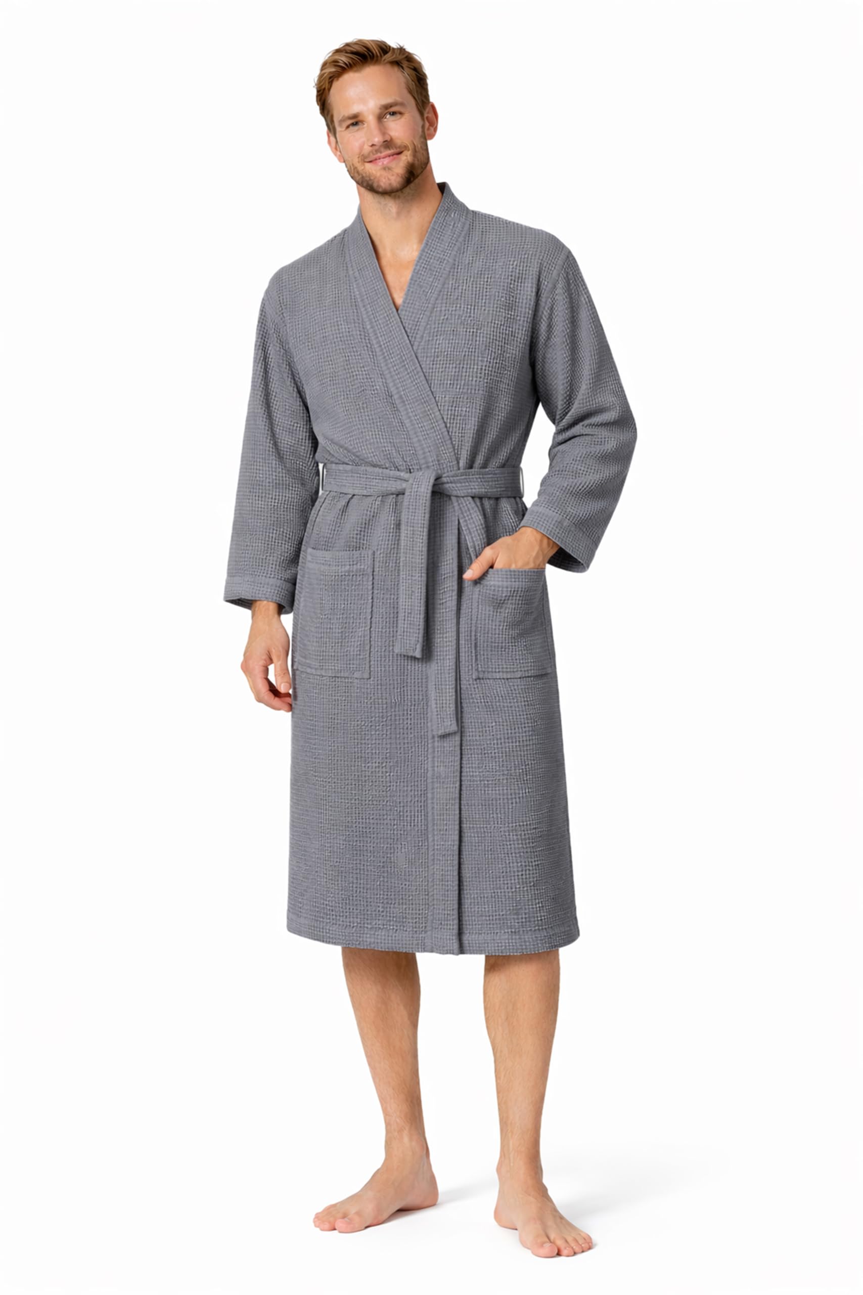 Turkish Linen Men’s Waffle Bathrobe Lightweight Kimono Spa Robe – Quick Dry Bath & Shower Robe for Men with Pockets