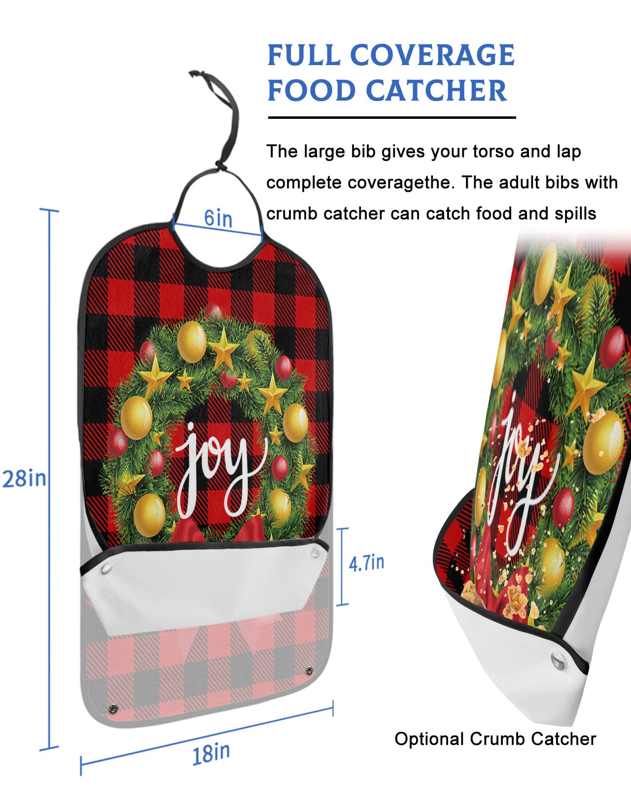 LEOKOTI Christmas Wreath Adult Bibs for Eating, Waterproof Bibs with Food Catcher & Adjustable Snap Closure, Joy Red Black Buffalo Plaid Washable Clothing Protectors Adult Bibs for Elderly Women/Men
