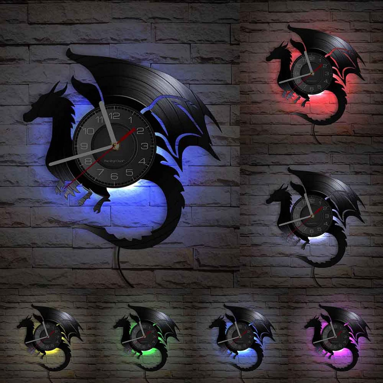 MASERTT Wall Clock Flying Dragon Ancient Legend Vinyl Record Home Decor Oriental Myth Fire Dragon Silent Art Vintage_12 inches