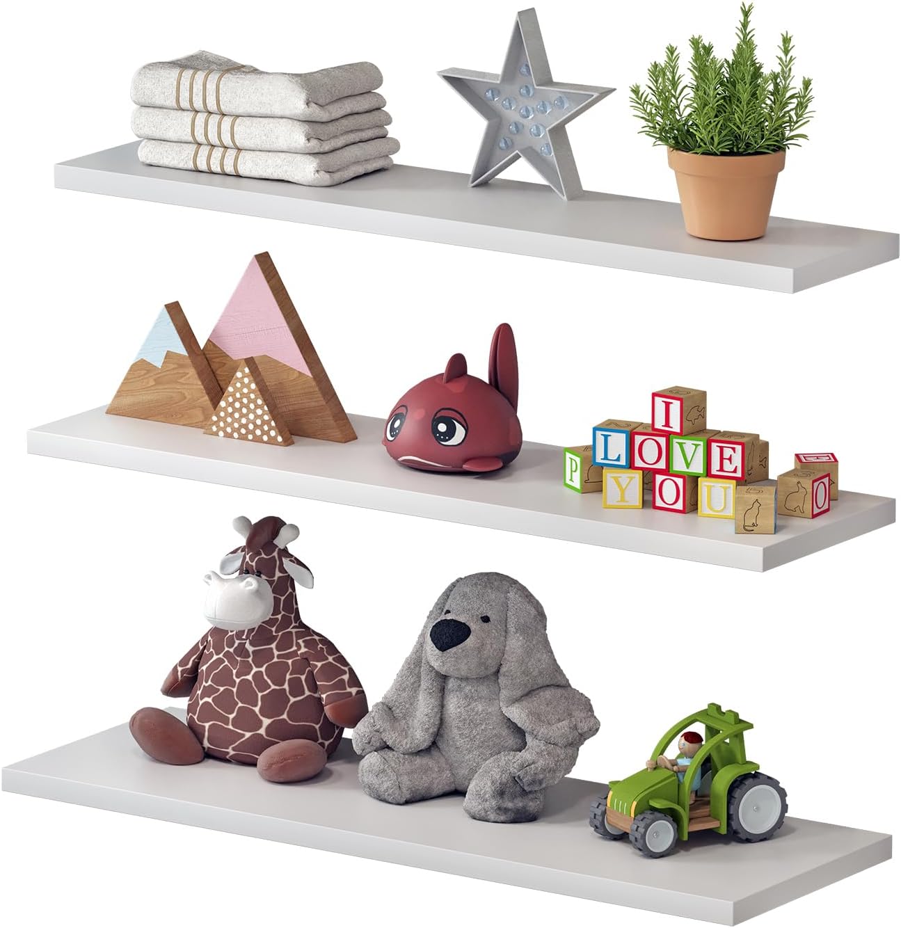 | 3 Set Invisible Floating Shelf, Wall Mounted Shelf for Living Room, Bedroom, Kitchen, Bathroom, Modern Hanging Shelf for Books/Decor/Storage 21,5" Long and 20 lbs Capacity (White)