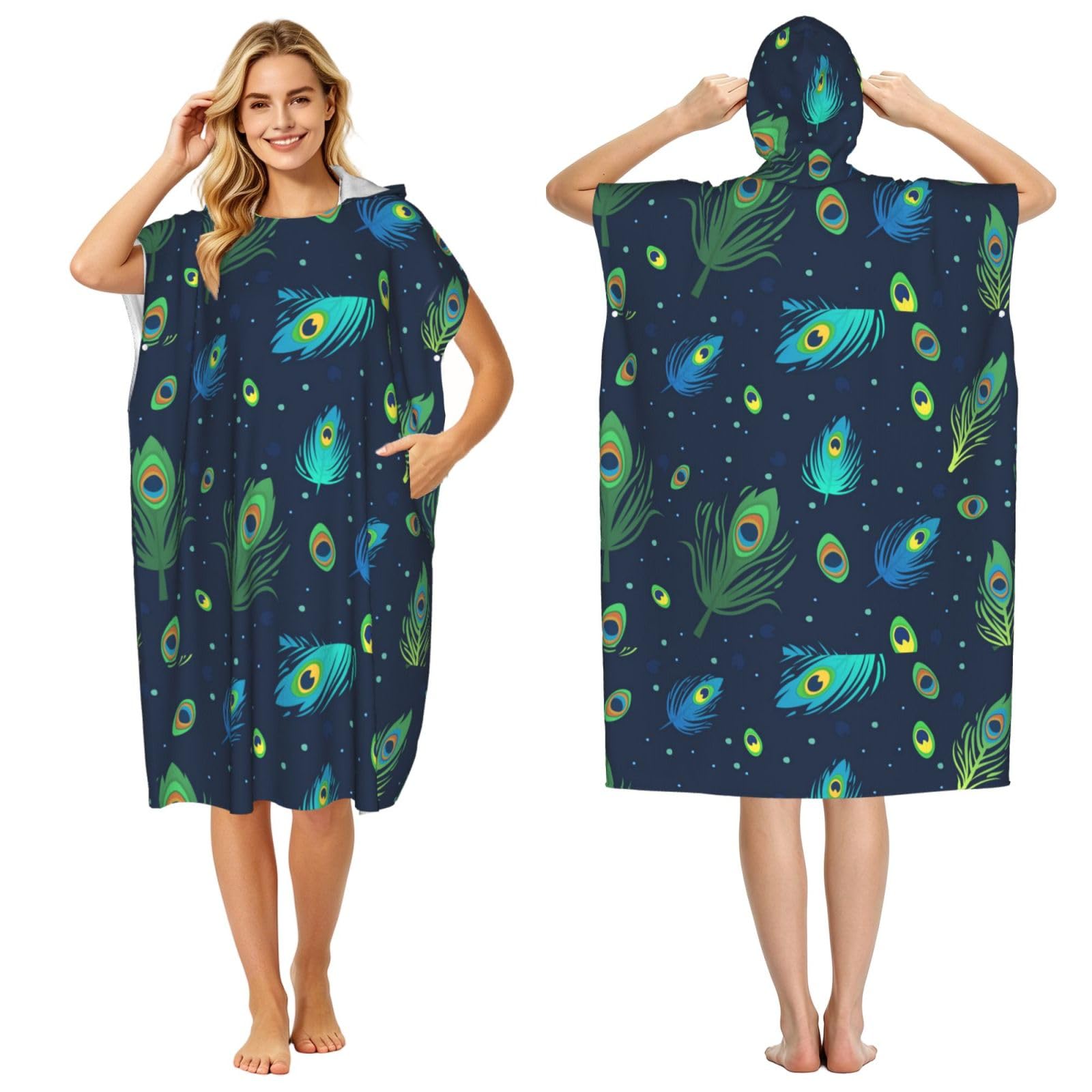 Poadnly Peacock Feather Printed, Adult Hooded Beach Towel 90 x 110 cm,Changing Bath Robe, Surf Poncho Towel For Women Men