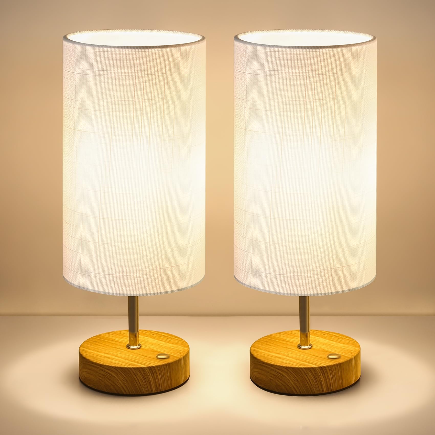 Aukimo Cordless Table Lamp, 5000mAh Touch Control Battery Lamp, Beside Lamp with Stepless Dimming, Wooden Base Portable Table Lamp for Bedroom, Living Room, Offices, Cafe, 2 Pack