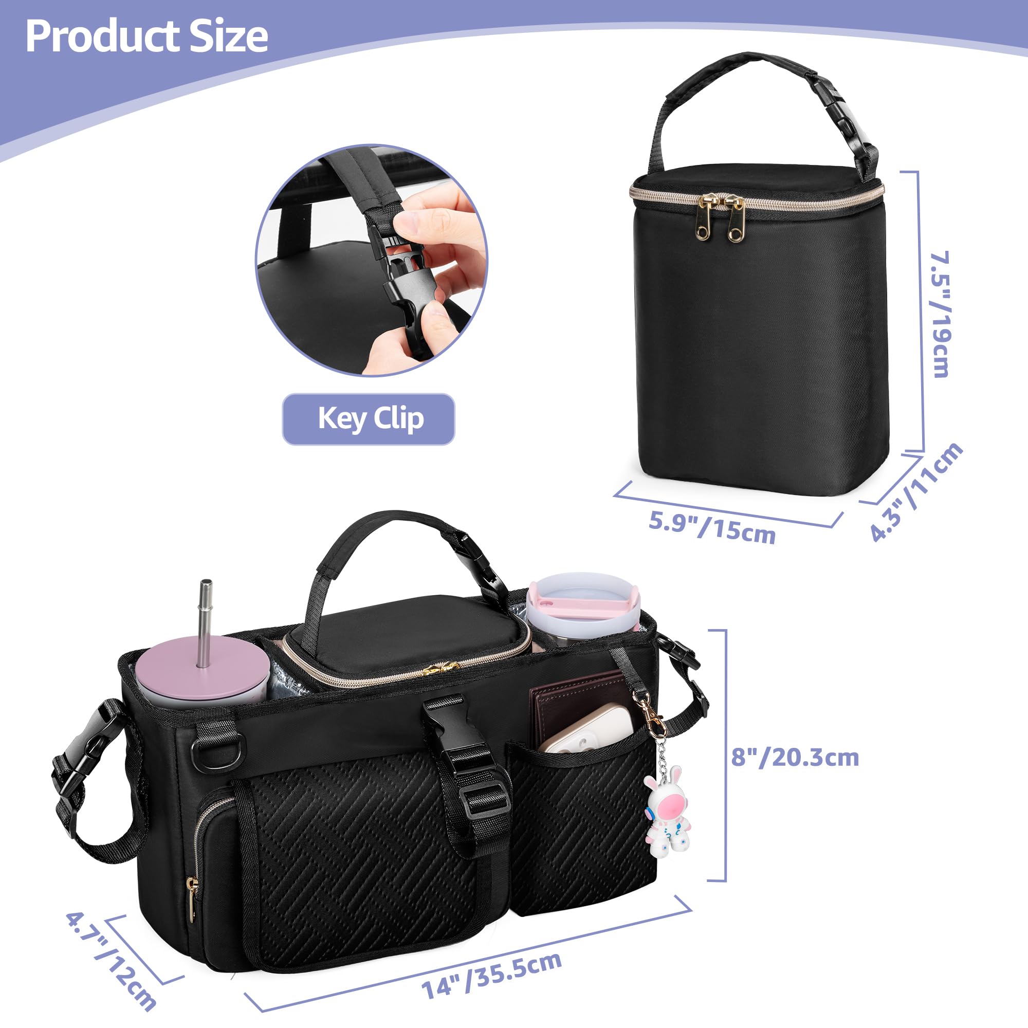Kinderwagen Organizer für Elternkonsole, Kompatibel mit WONDERFOLD W2, Kinderwagen Caddy mit 2 Isolierten Getränkehaltern und Abnehmbarer Kühltasche, Schwarz (Leere Tasche)