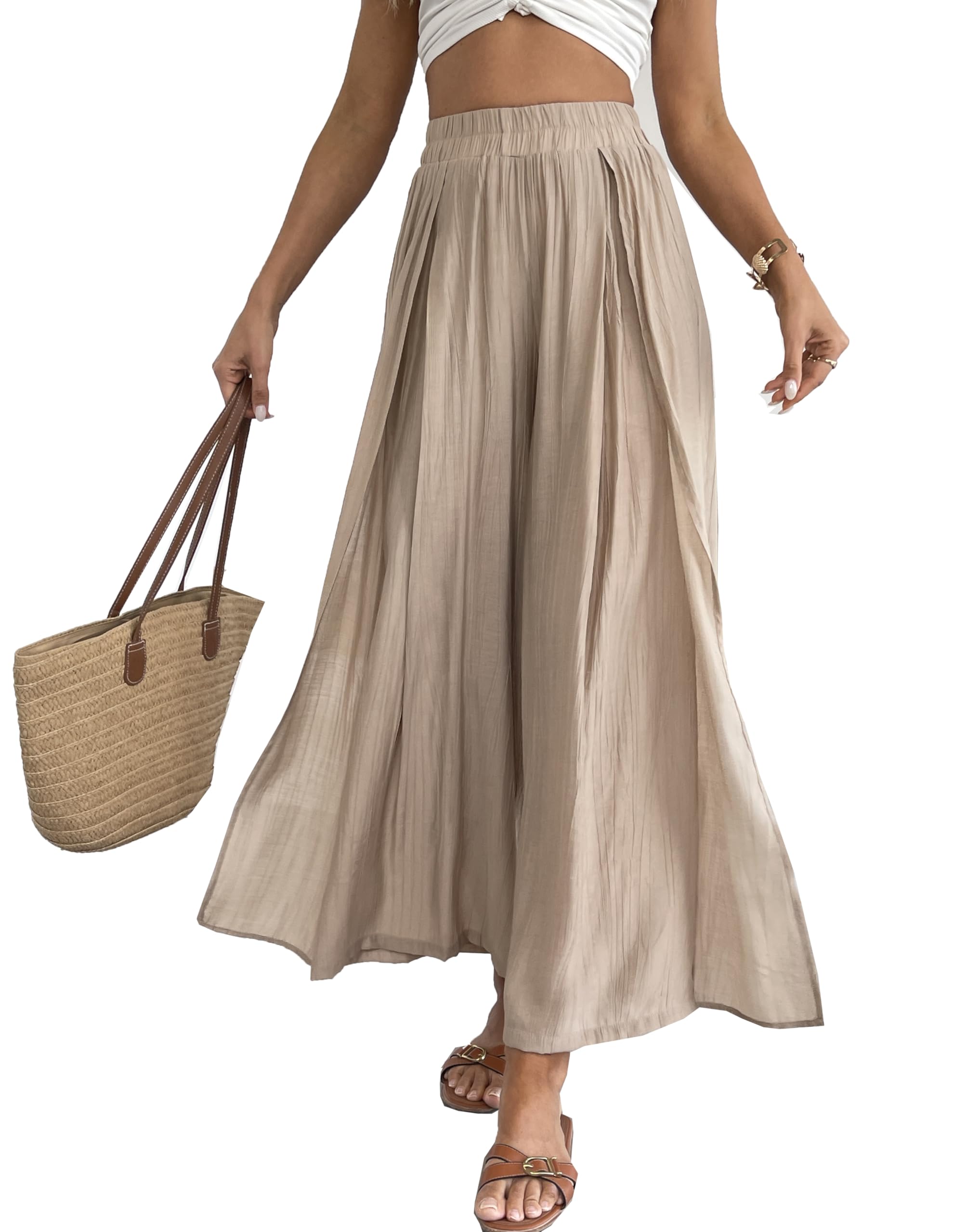 heipeiwa Womens Summer Pants Lightweight Flowy Wide Leg Palazzo Pants Beach Casual Trousers